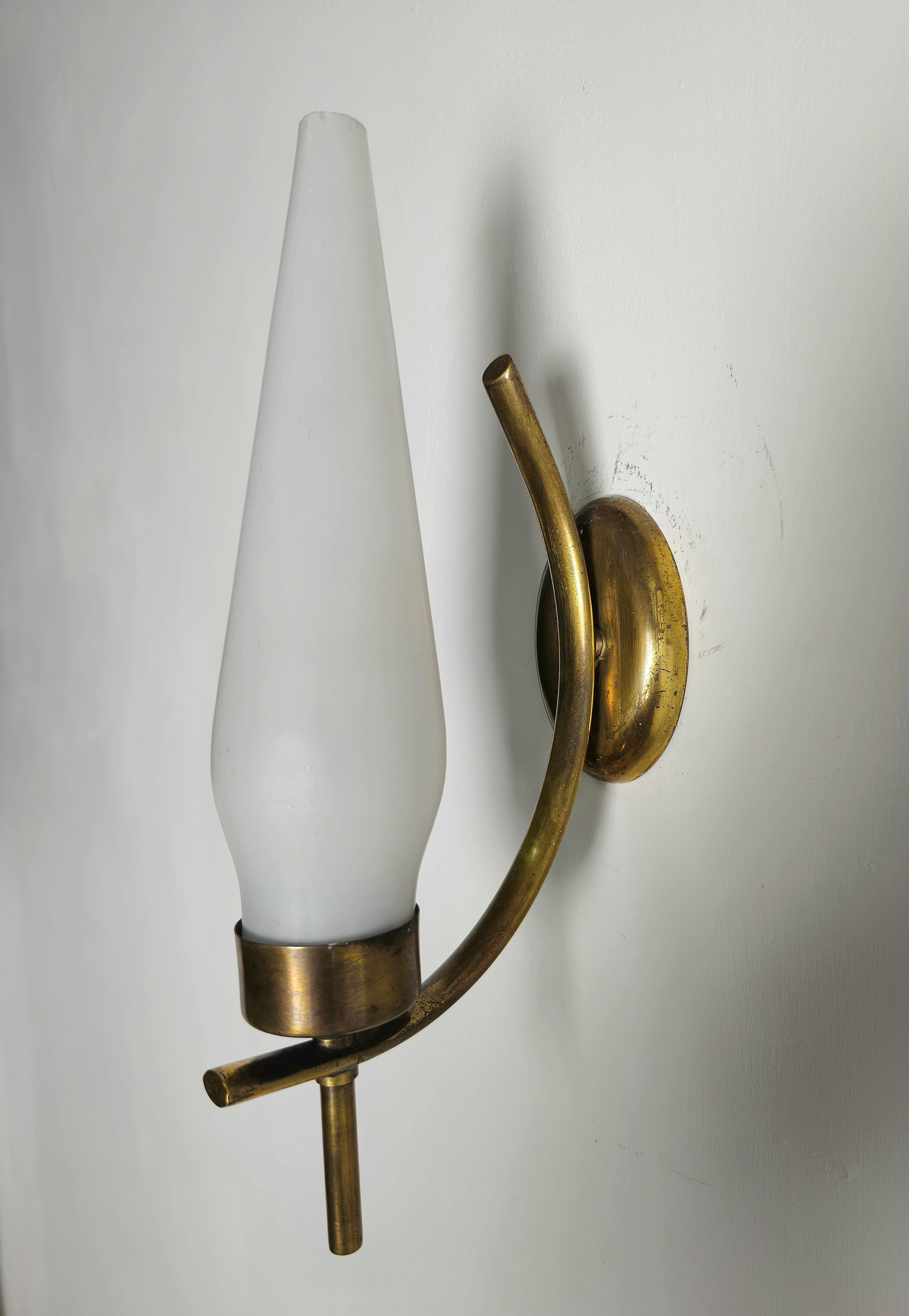 Mid-Century Modern Pair of Wall Lights Sconces Brass Opaline Glass Midcentury Italian Design 1960s  For Sale