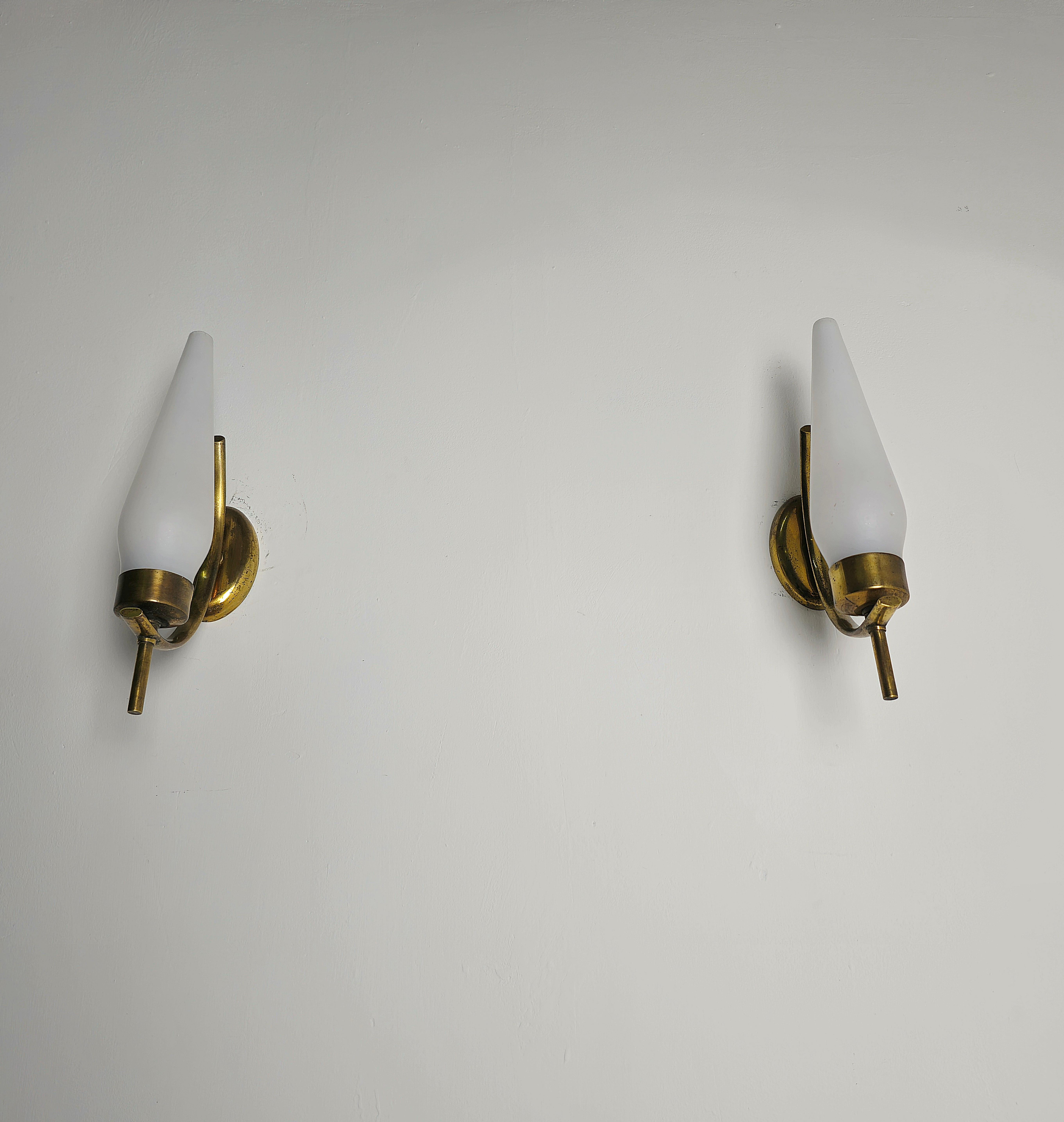 20th Century Pair of Wall Lights Sconces Brass Opaline Glass Midcentury Italian Design 1960s  For Sale