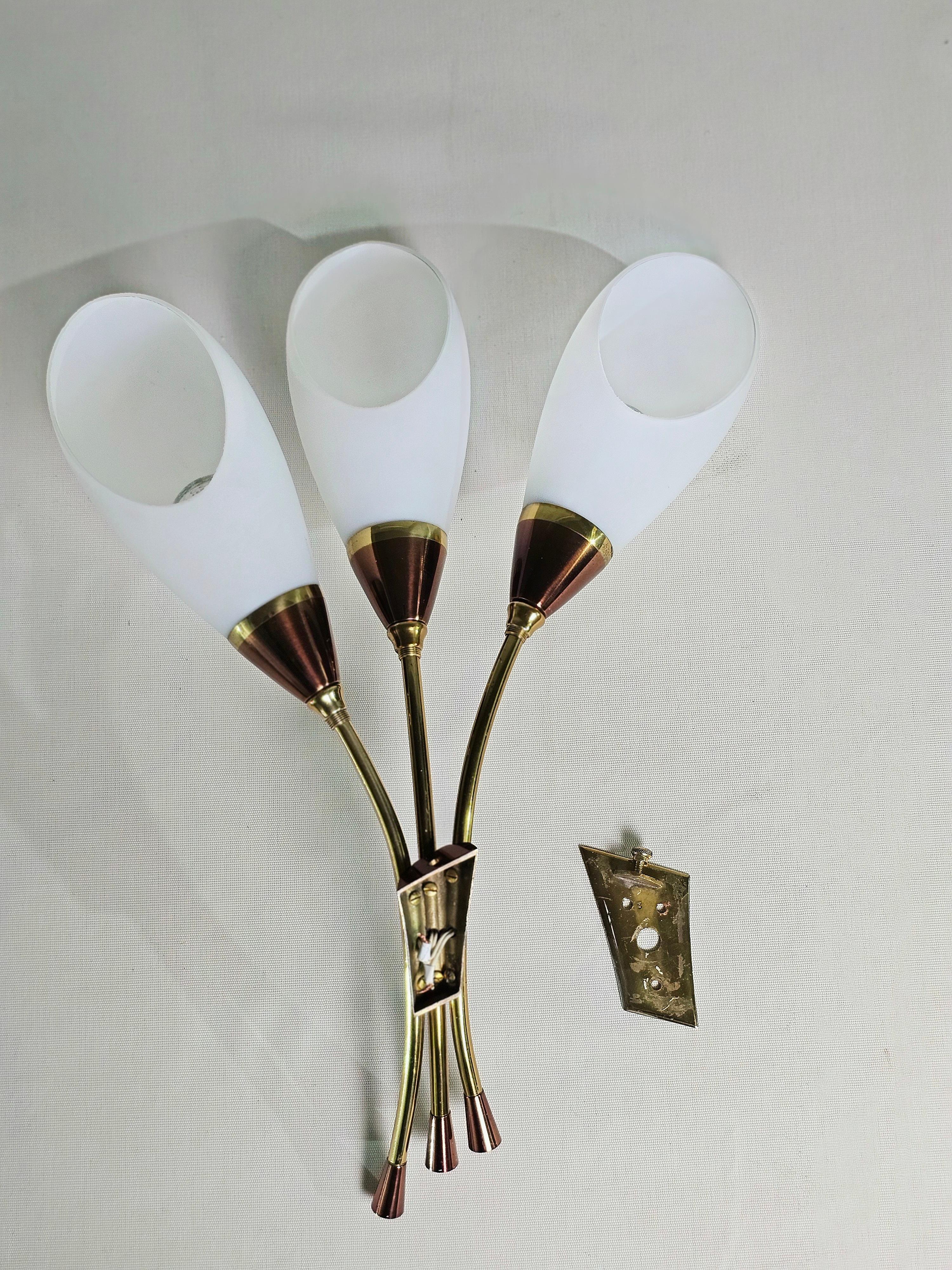 Pair of Wall Lights Sconces Brass Opaline Glass Midcentury Modern Italy 1960s 9