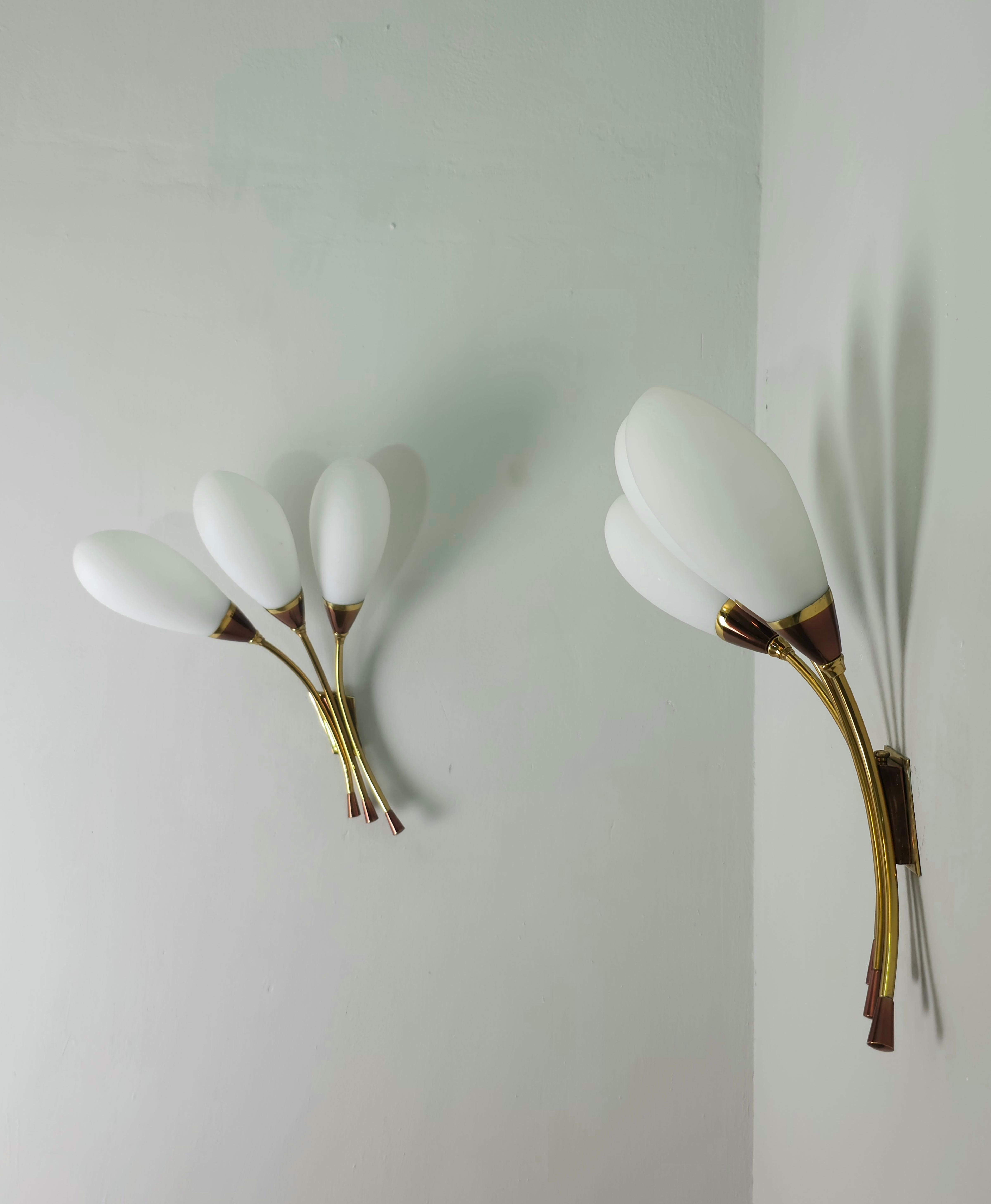Mid-Century Modern Pair of Wall Lights Sconces Brass Opaline Glass Midcentury Modern Italy 1960s