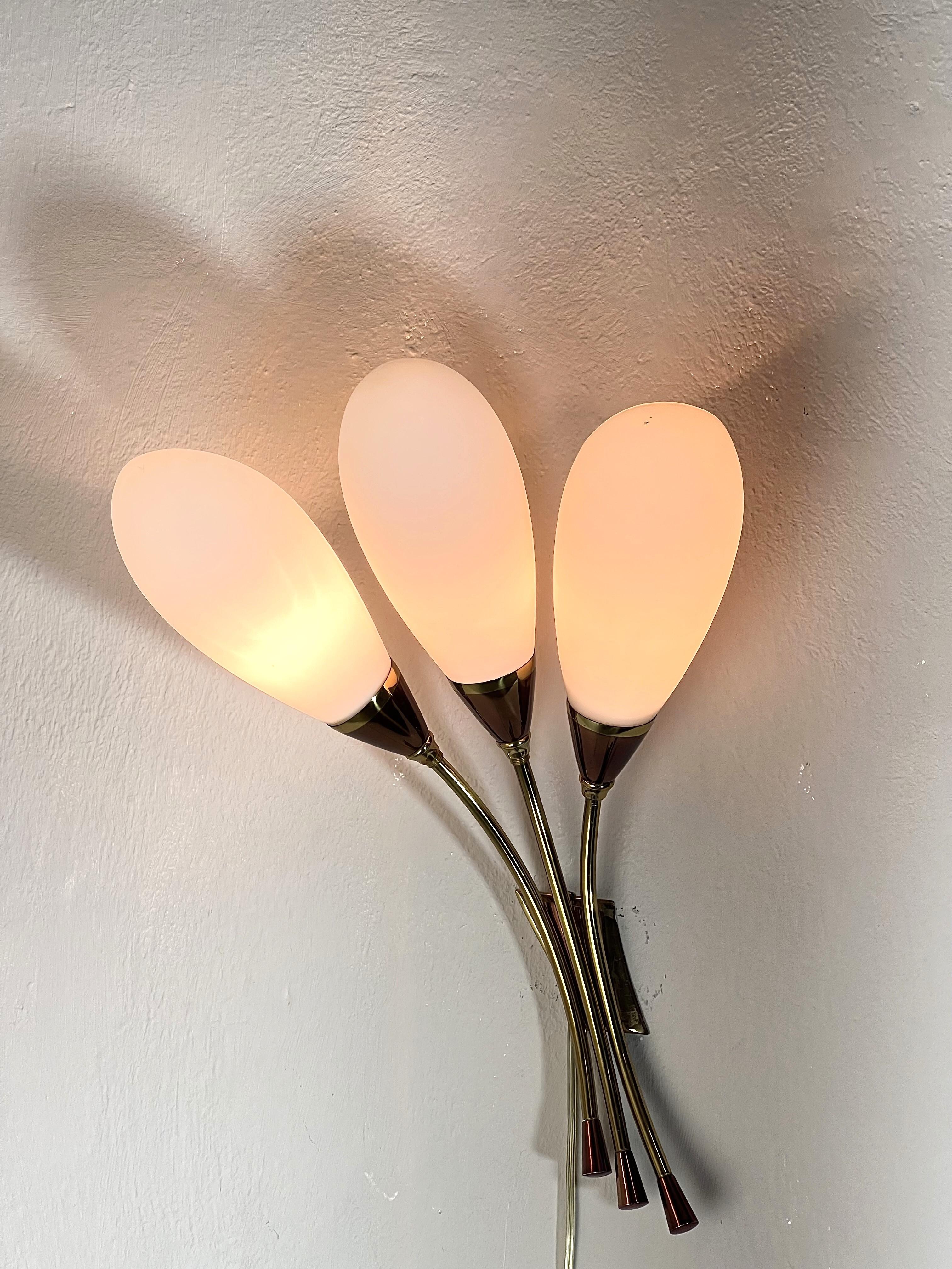 20th Century Pair of Wall Lights Sconces Brass Opaline Glass Midcentury Modern Italy 1960s