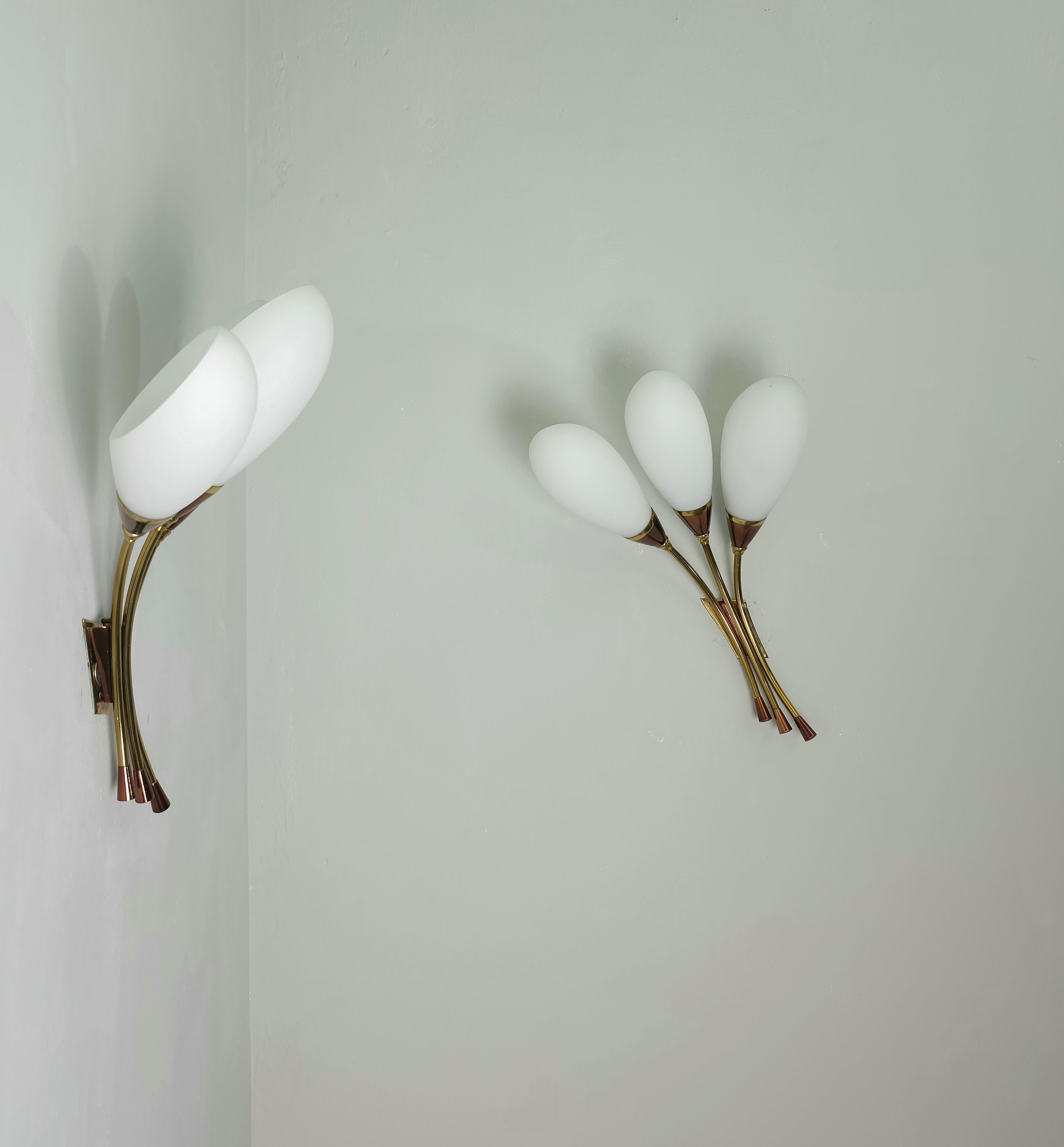 Pair of Wall Lights Sconces Brass Opaline Glass Midcentury Modern Italy 1960s 1