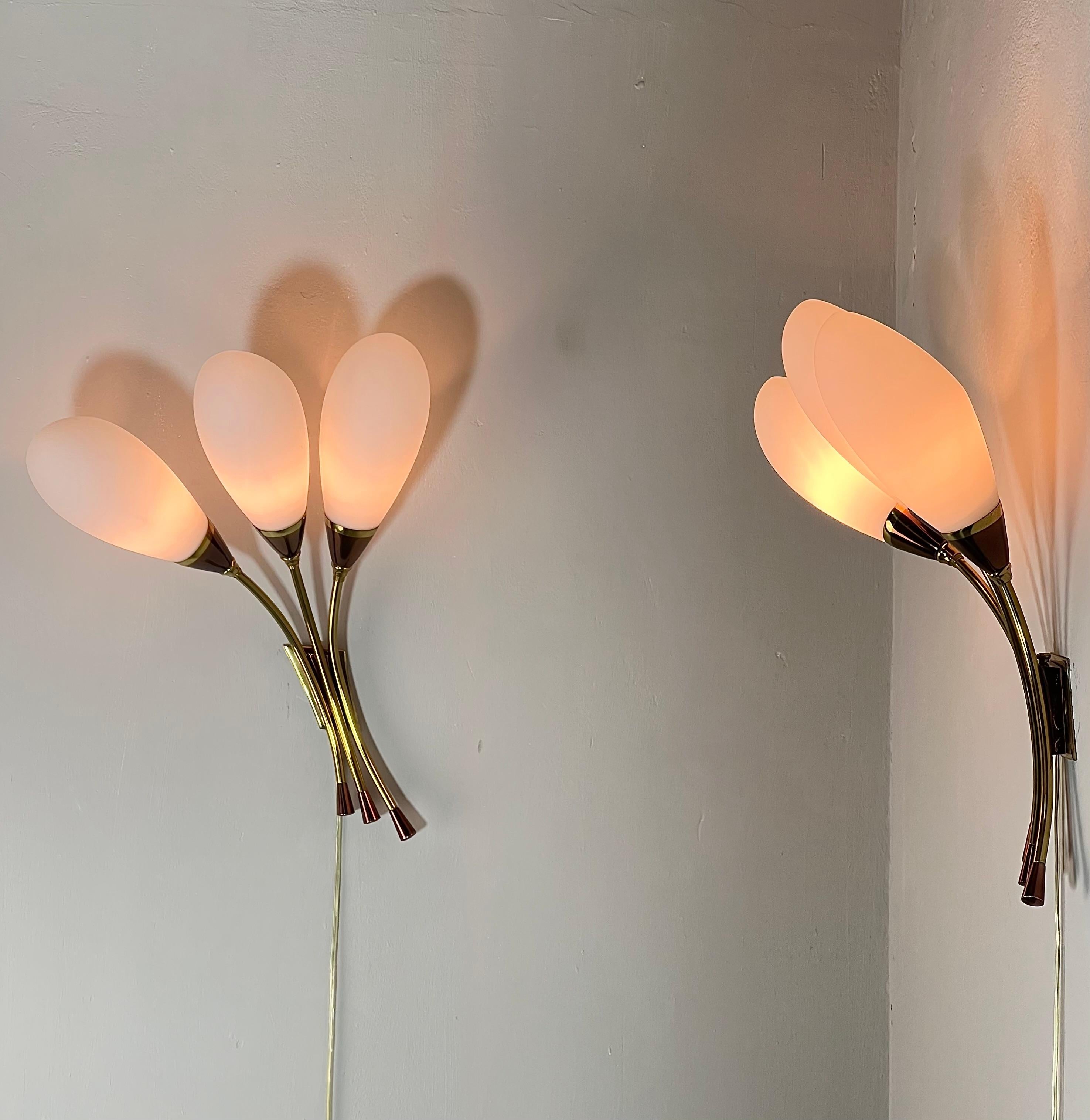 Pair of Wall Lights Sconces Brass Opaline Glass Midcentury Modern Italy 1960s 2
