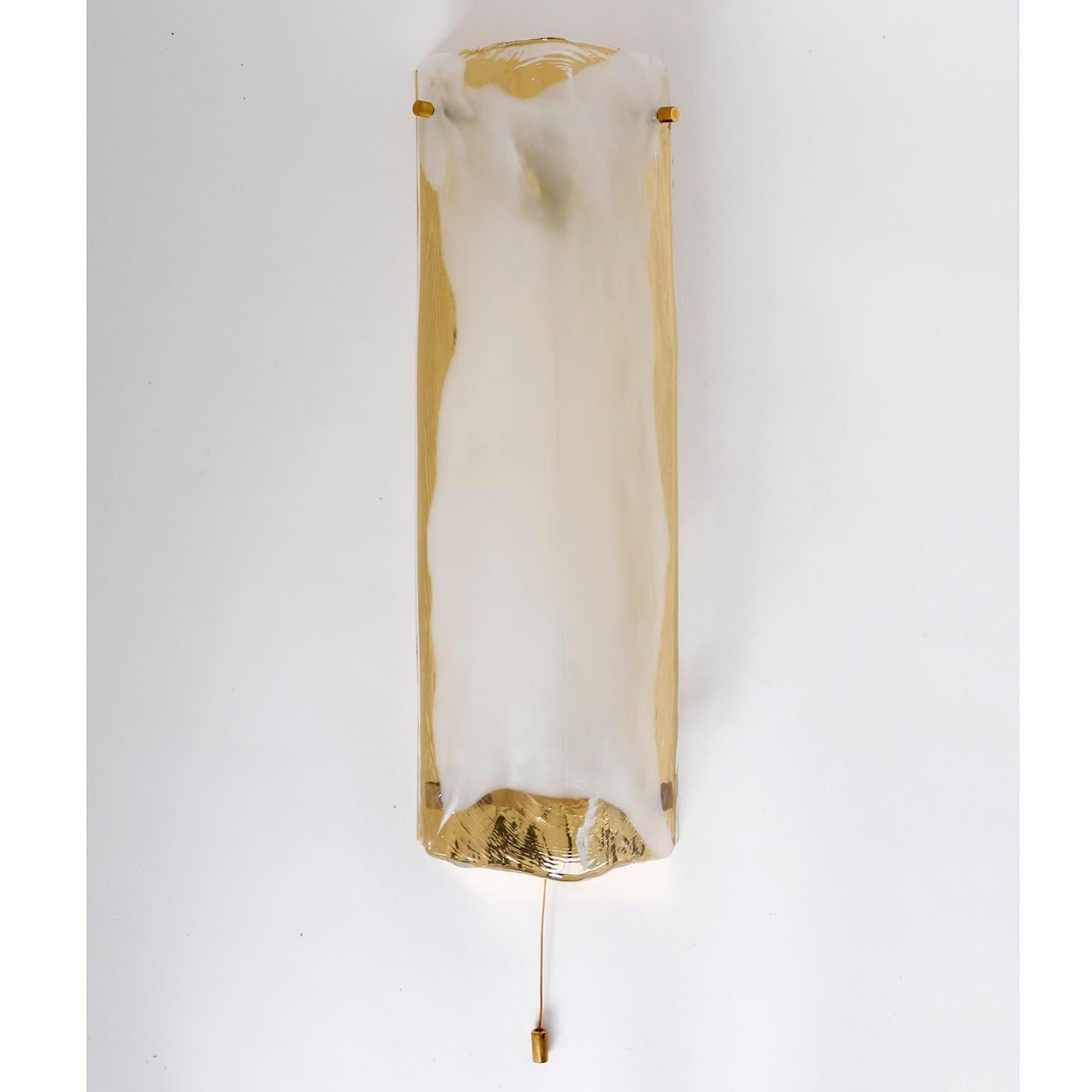 Polished Pair of Wall Lights Sconces by J.T. Kalmar, Brass Clear Milk Murano Glass, 1970s For Sale