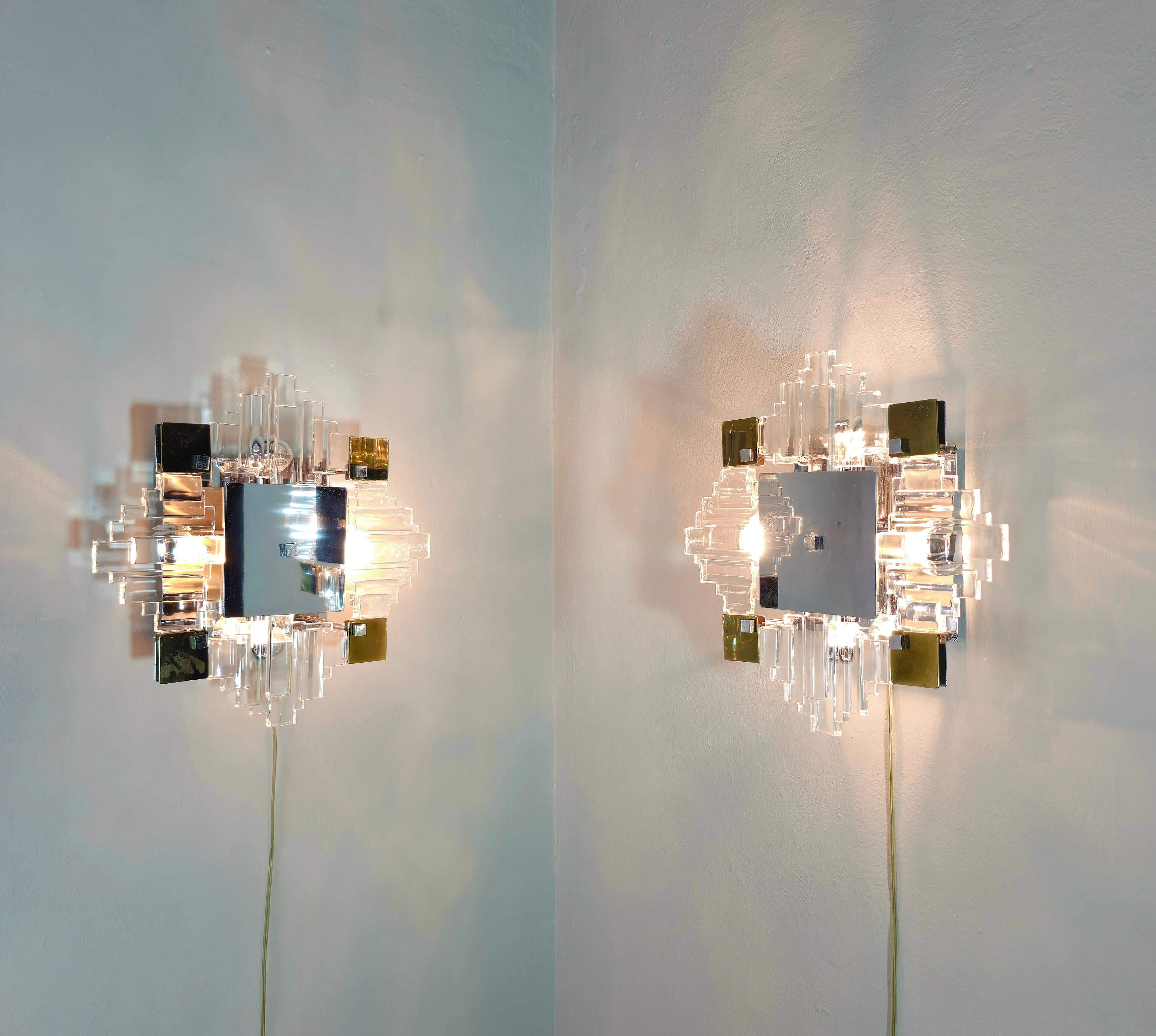 Pair of Wall Lights Sconces Glass Metal Gaetano Sciolari Stilkronen Midcentury For Sale 5