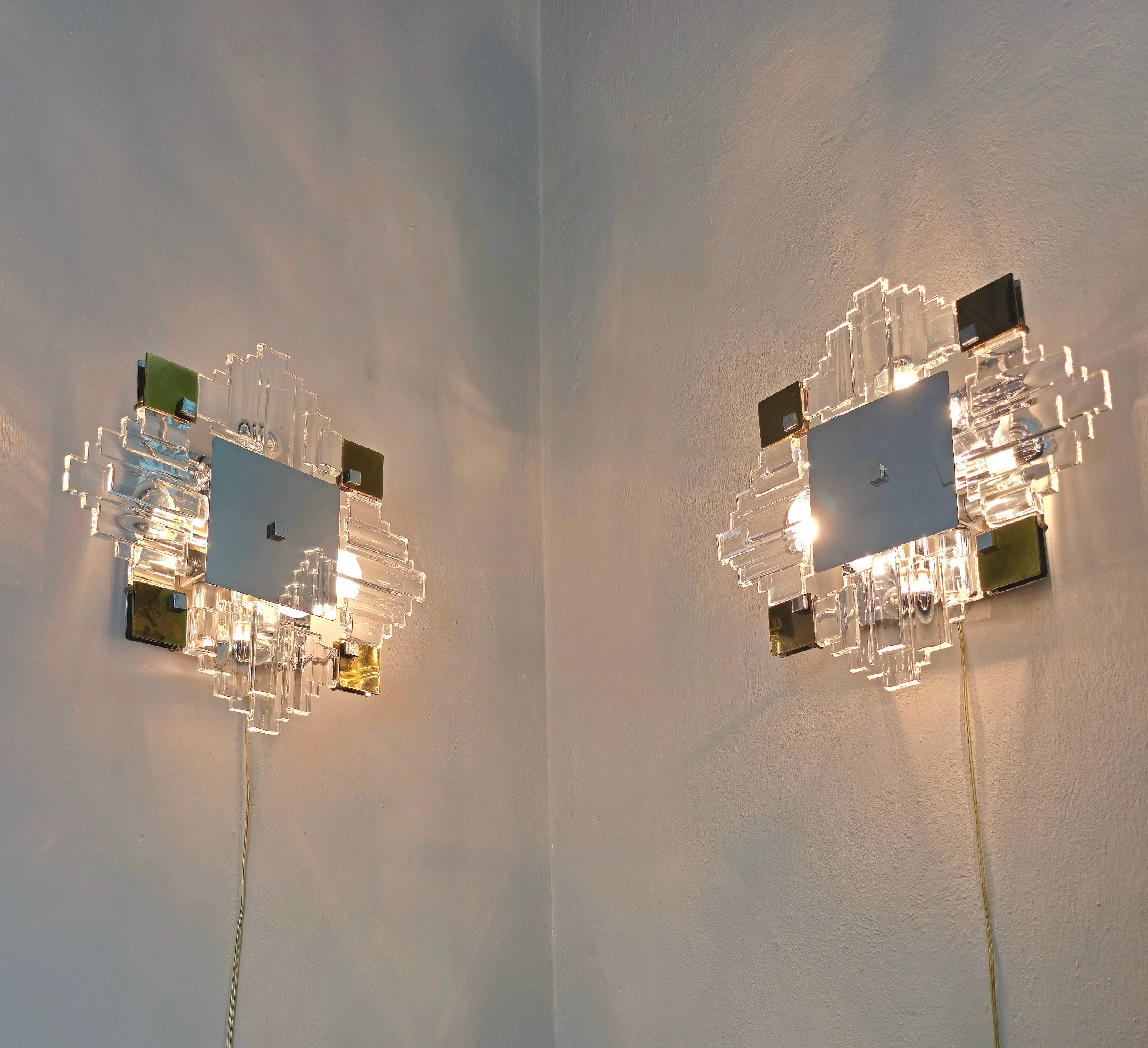 Pair of Wall Lights Sconces Glass Metal Gaetano Sciolari Stilkronen Midcentury For Sale 1