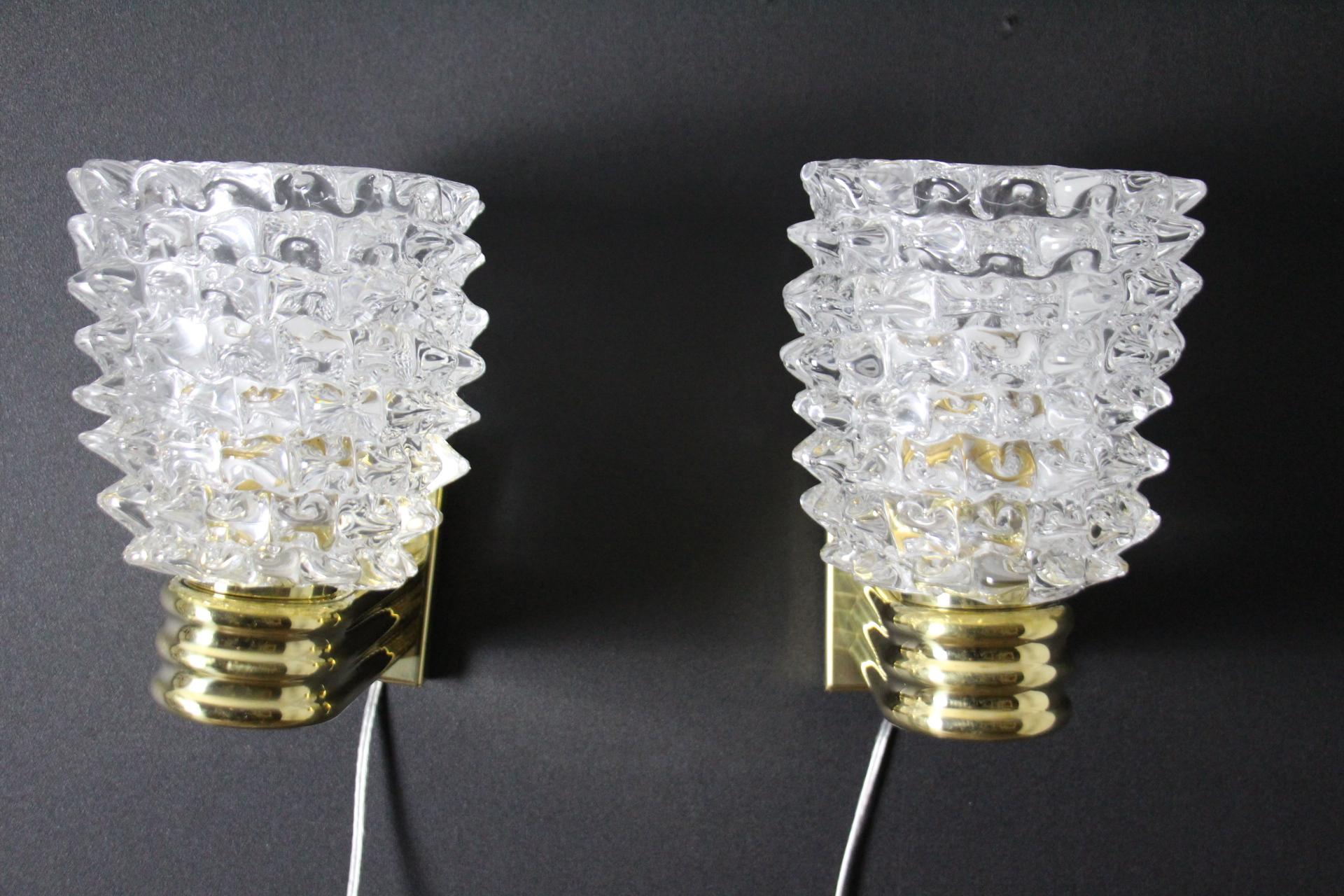 Pair of Wall Lights Sconces in Rostrato Murano Glass in the Style of Barovier For Sale 4