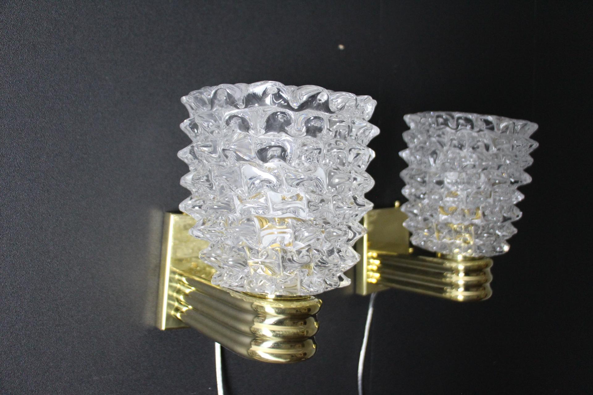 Pair of Wall Lights Sconces in Rostrato Murano Glass in the Style of Barovier For Sale 5