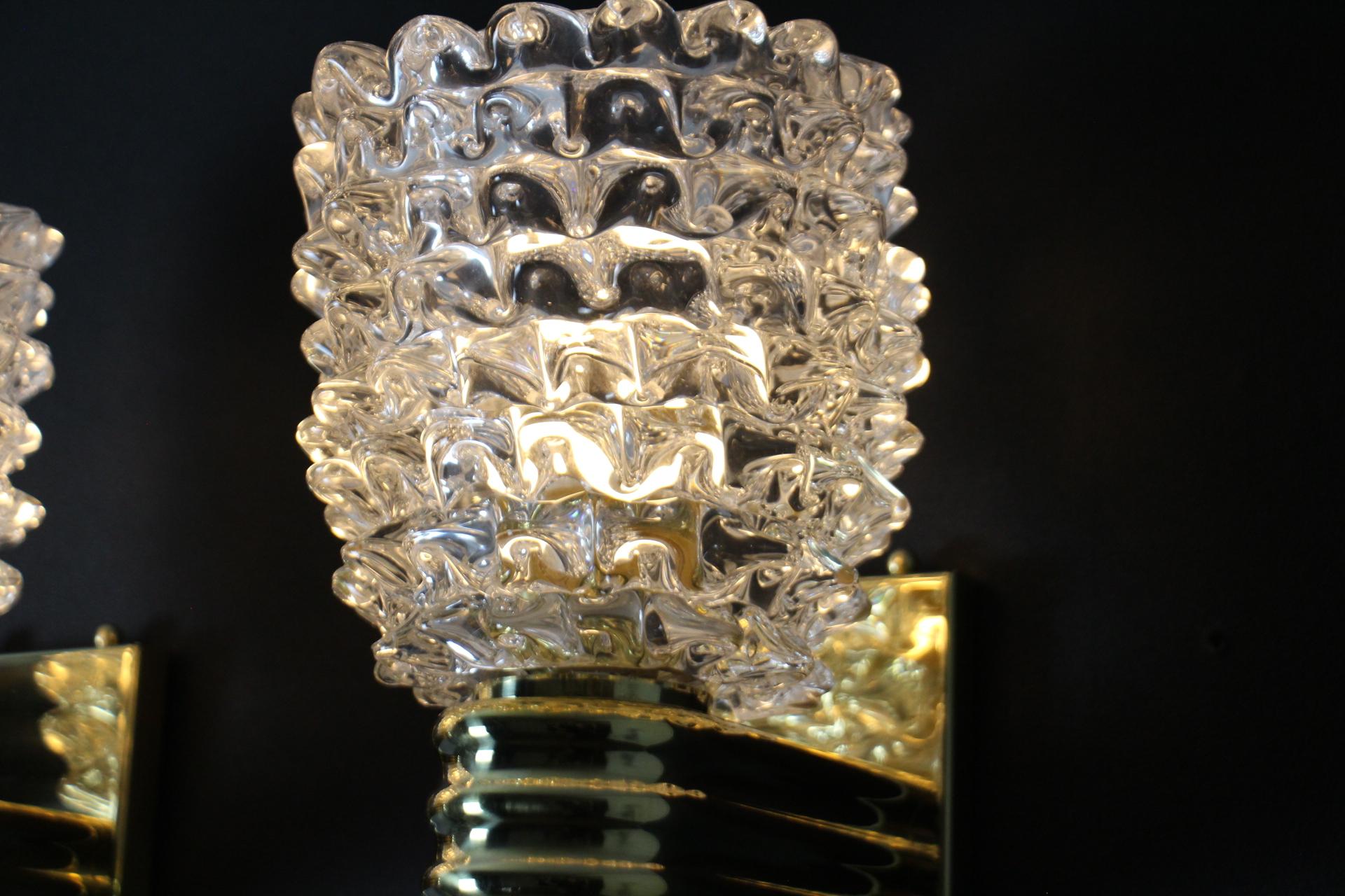 Pair of Wall Lights Sconces in Rostrato Murano Glass in the Style of Barovier For Sale 1