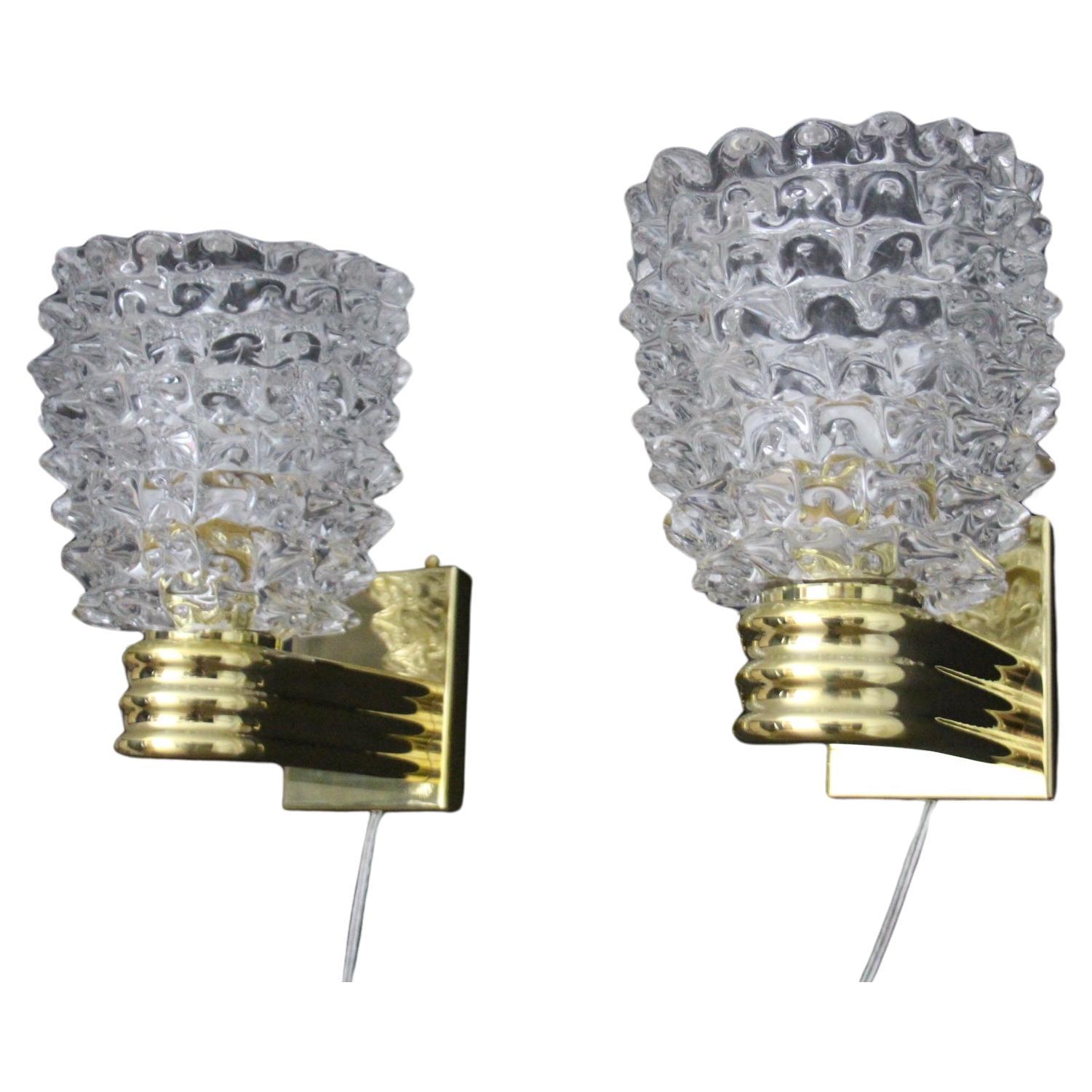 Pair of Wall Lights Sconces in Rostrato Murano Glass in the Style of Barovier For Sale
