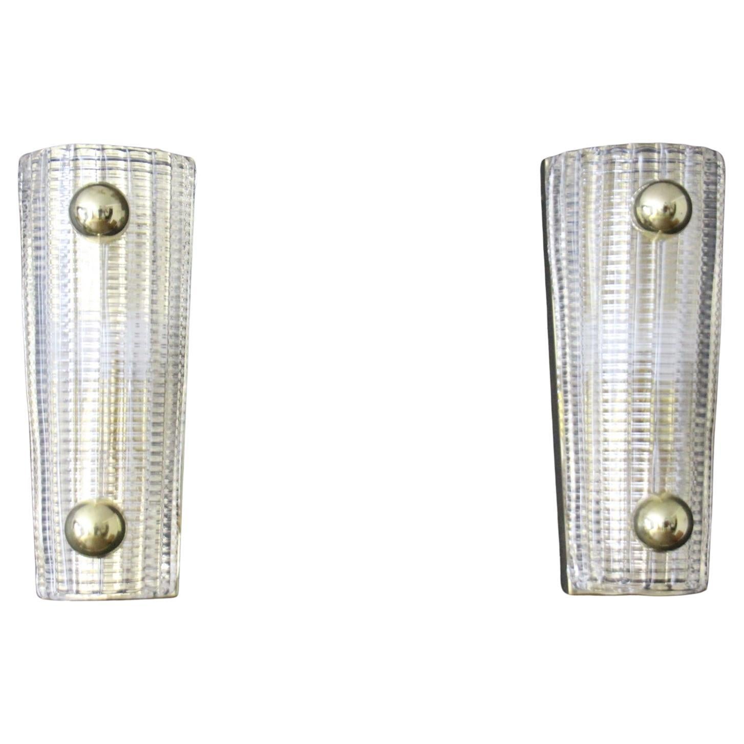 Pair of Wall Lights Sconces in Textured Murano Glass And Brass Balls