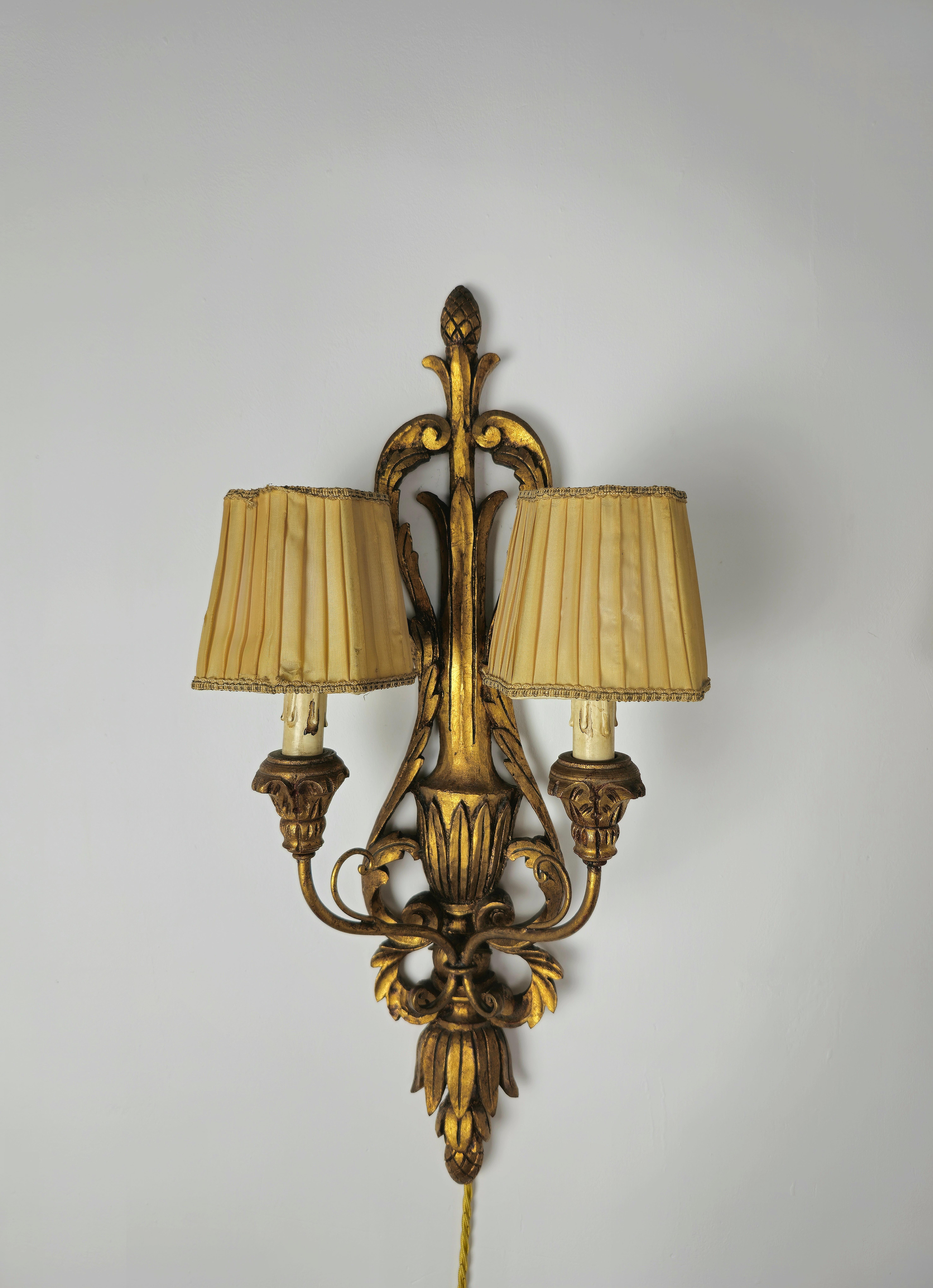 Mid-Century Modern Pair of Wall Lights Sconces Wood Carved Silk Midcentury Italian Design 1950s 