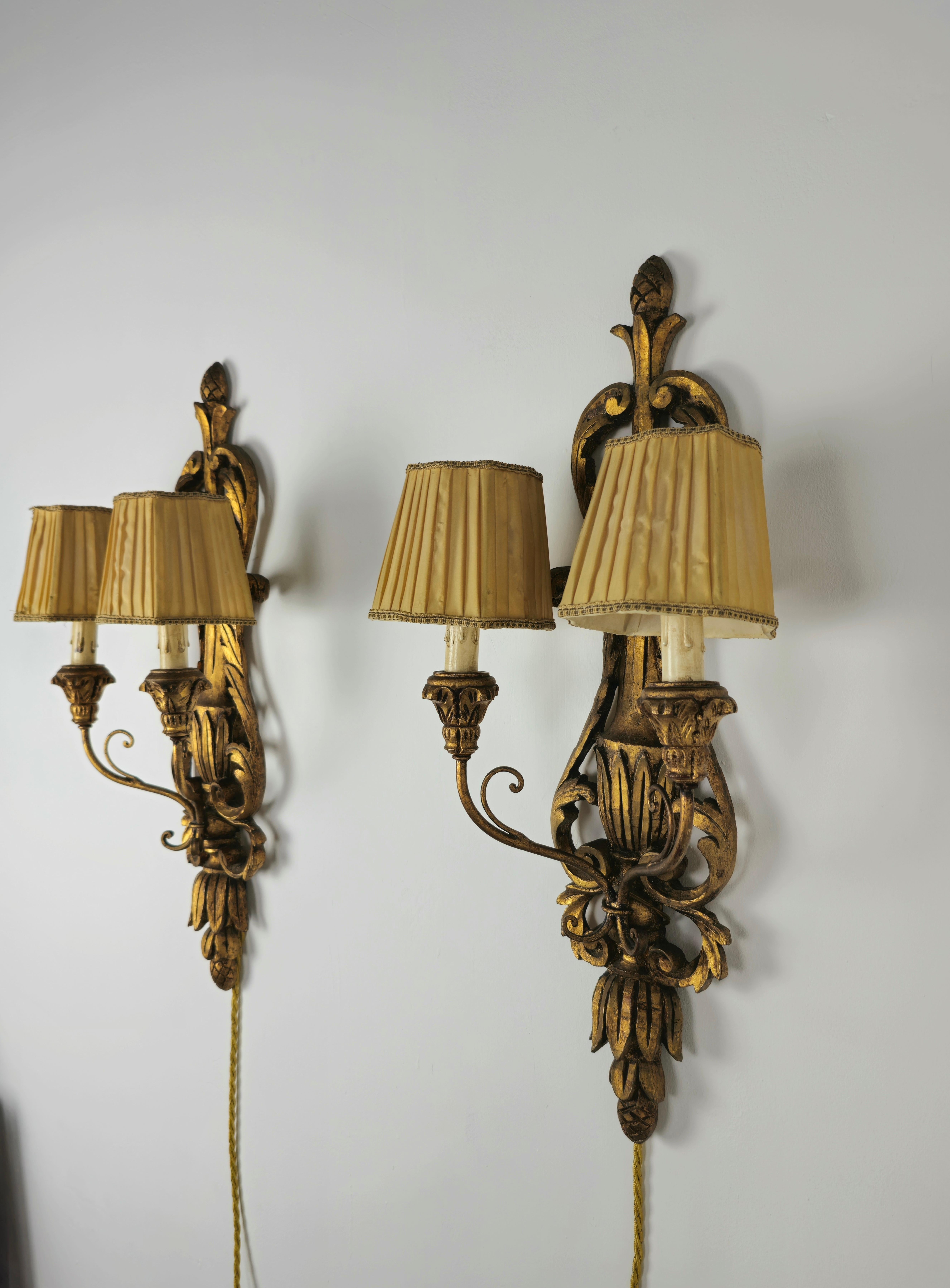 Pair of Wall Lights Sconces Wood Carved Silk Midcentury Italian Design 1950s  2