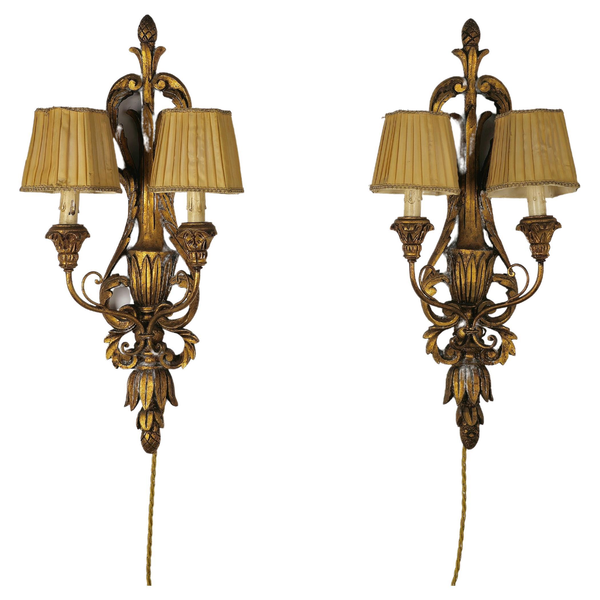 Pair of Wall Lights Sconces Wood Carved Silk Midcentury Italian Design 1950s  For Sale