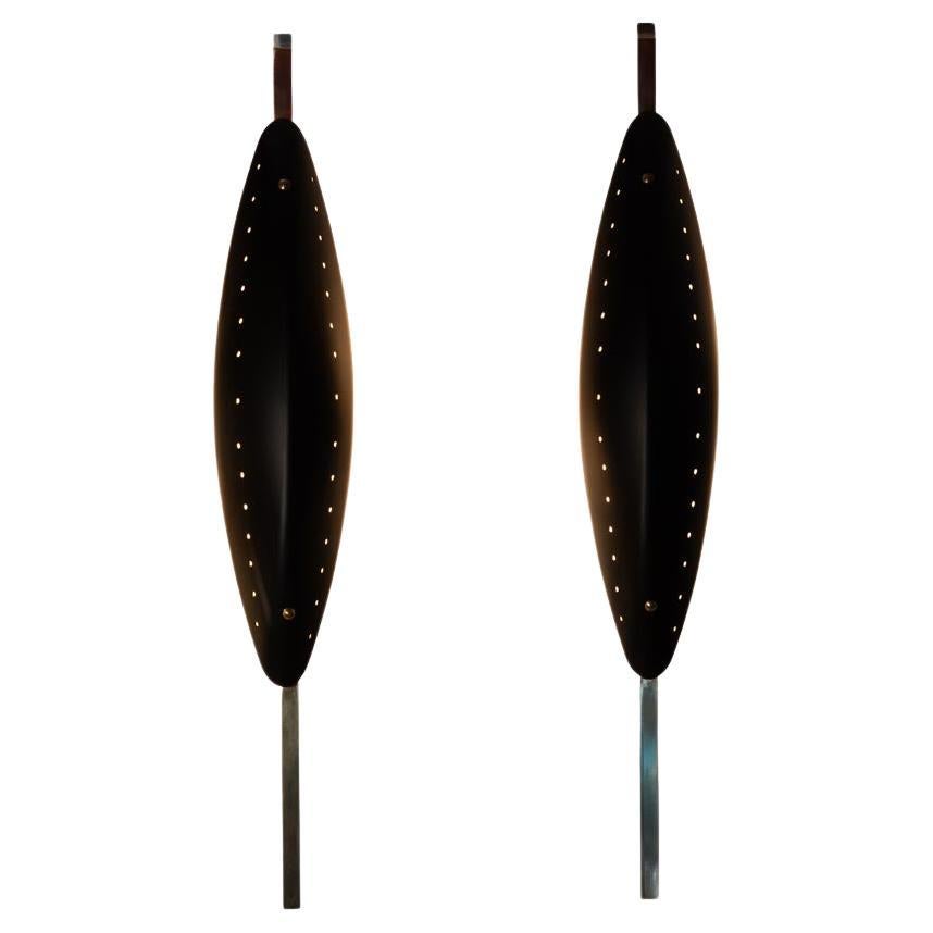Pair of Wall Lights Shield Shaped Steel Brass Black Enamel 1980s Italian Design