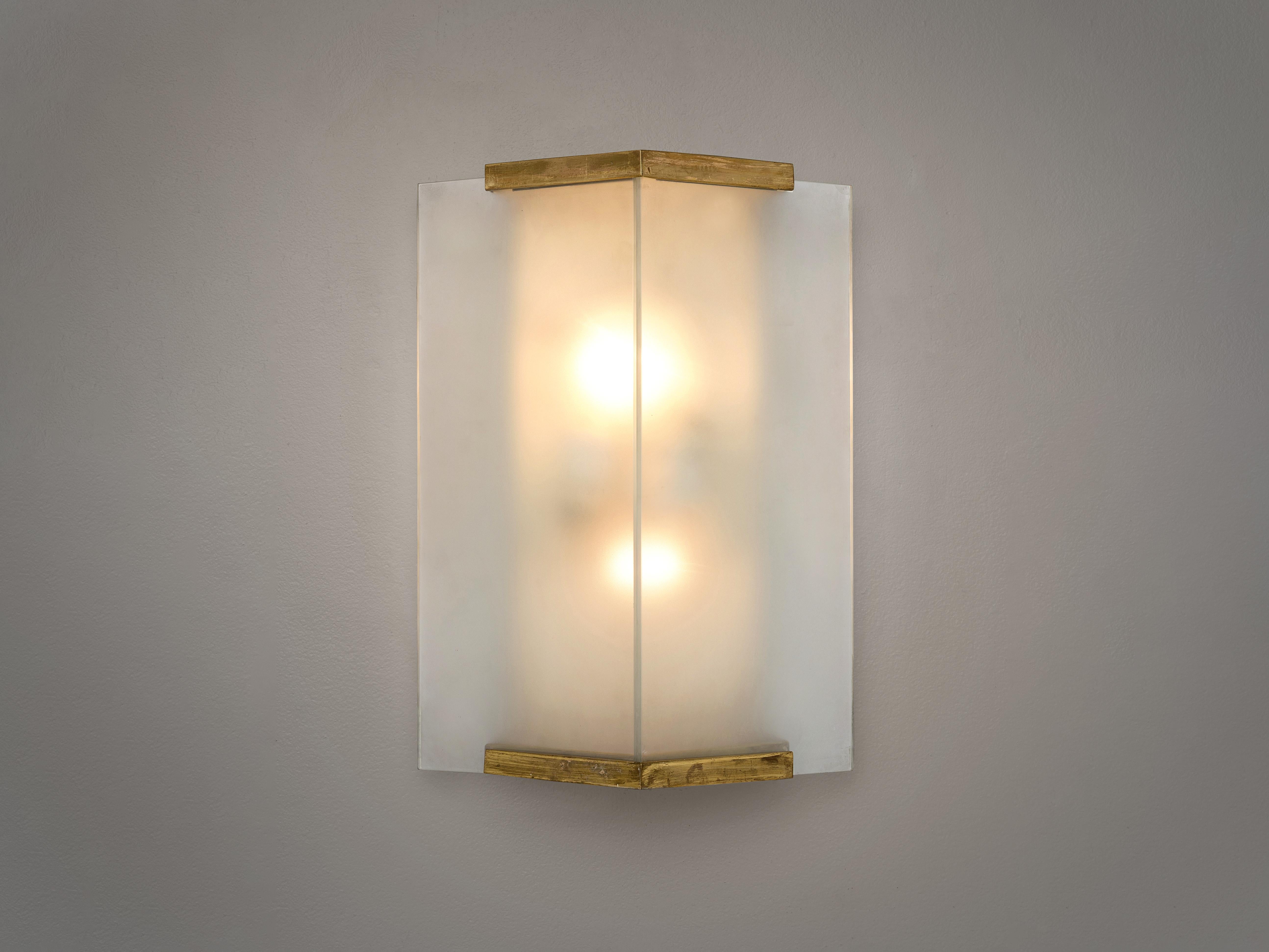 Pair of Wall Lights in Brass and Frosted Glass In Good Condition In Waalwijk, NL