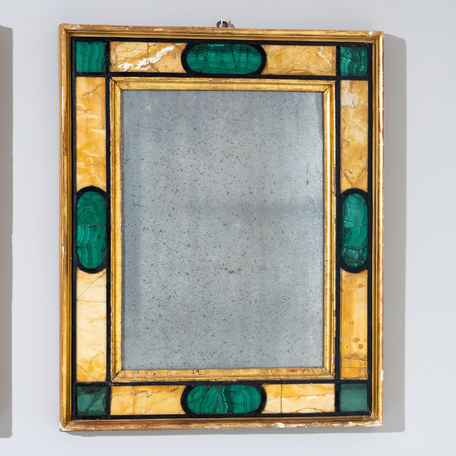 Pair of Wall Mirrors in Giallo Siena and Malachite, Italy 18th Century In Good Condition For Sale In Greding, DE