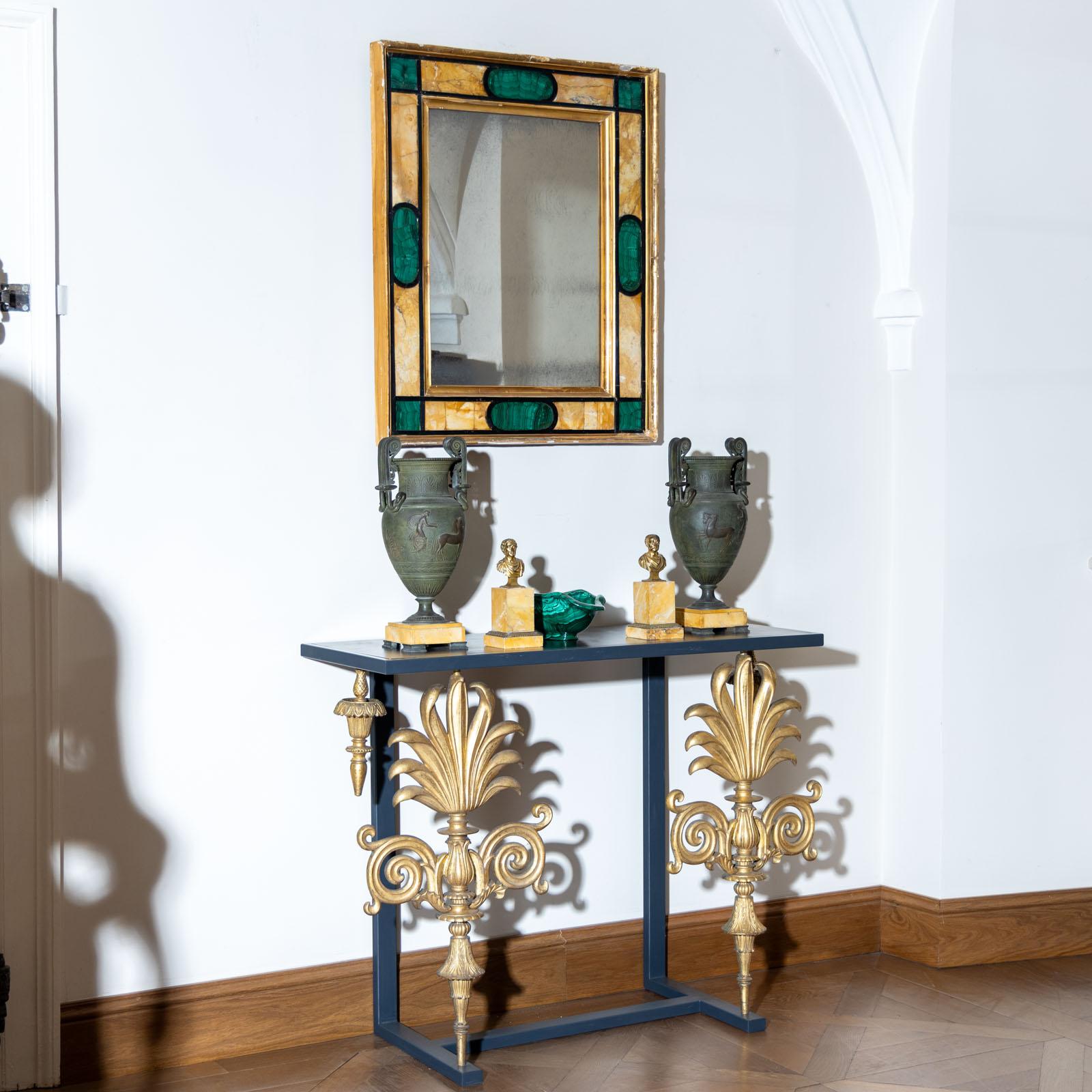 Pair of Wall Mirrors in Giallo Siena and Malachite, Italy 18th Century For Sale 1