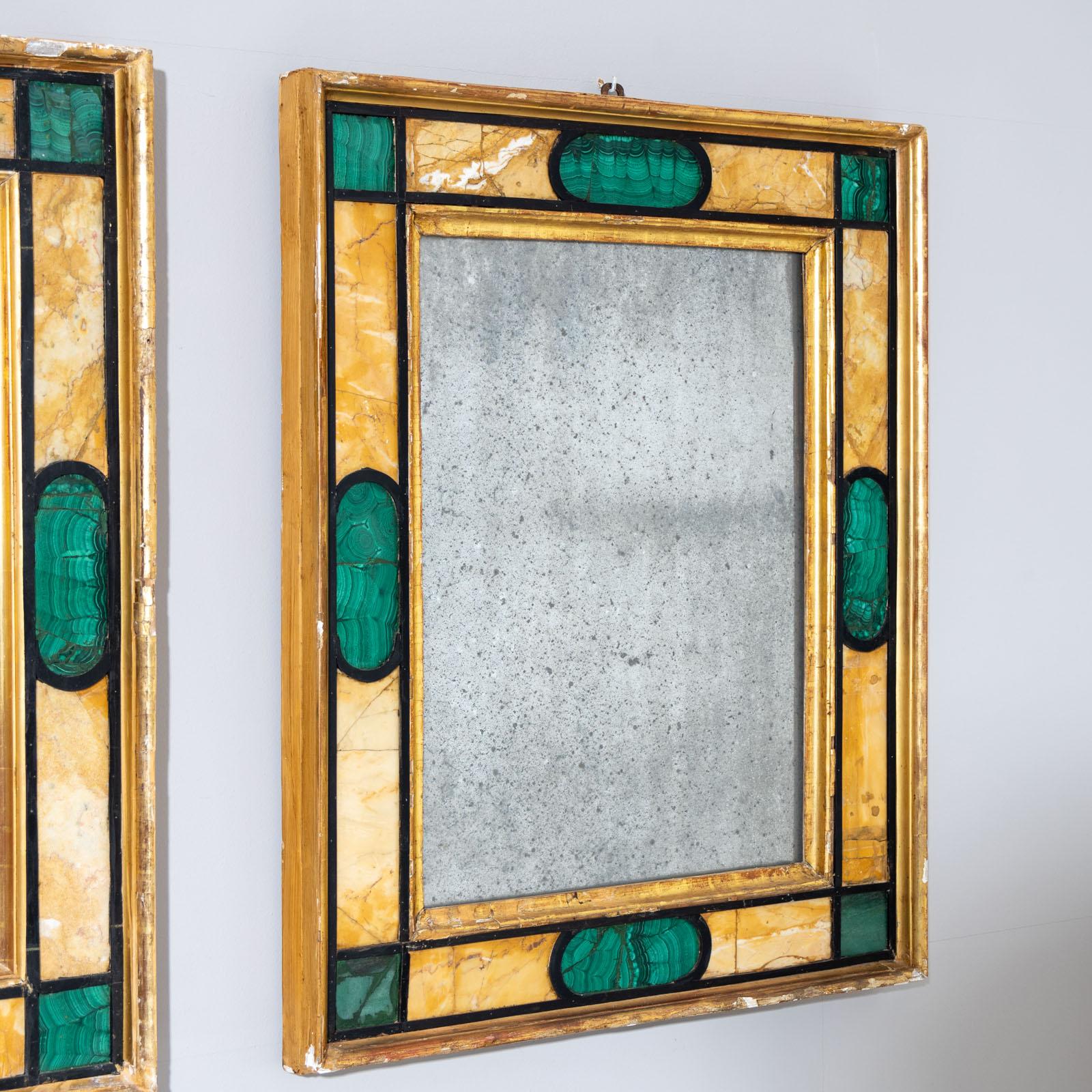 Pair of Wall Mirrors in Giallo Siena and Malachite, Italy 18th Century For Sale 2