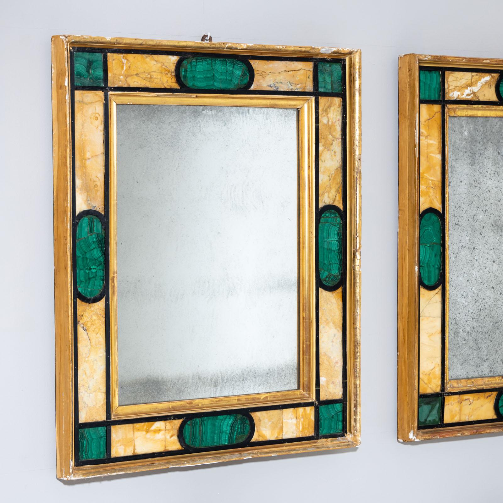 Pair of Wall Mirrors in Giallo Siena and Malachite, Italy 18th Century For Sale 3