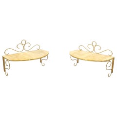 Pair of Wall-Mounted Brass and Murano Glass Console Tables / Nightstands, Italy