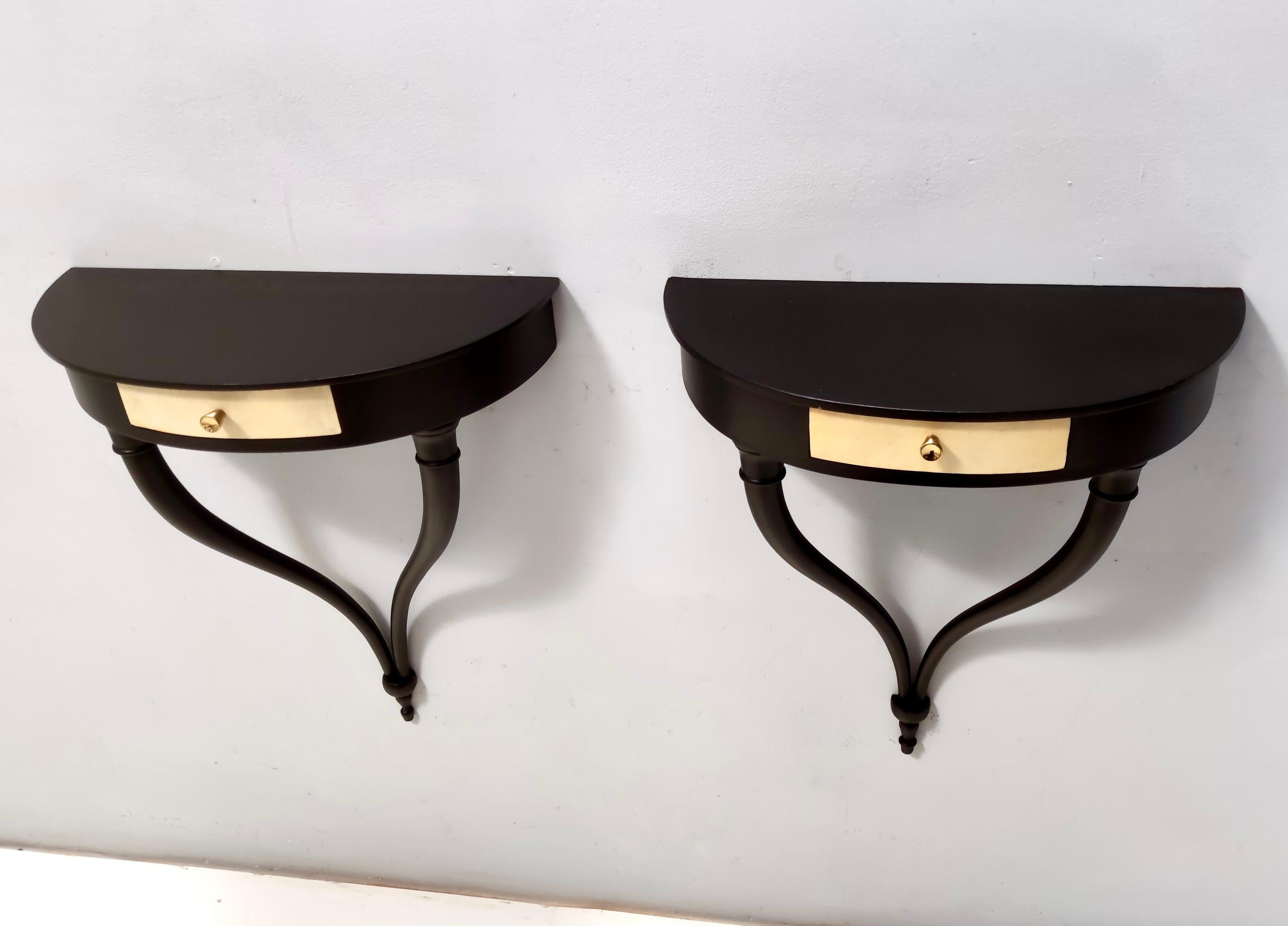 Brass Pair of Wall-Mounted Console Tables / Nightstands by Guglielmo Ulrich, Italy