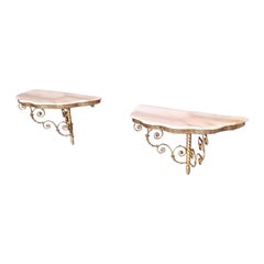 Pair of Wall-Mounted Console Tables with Demilune Marble Top, Italy 1950s