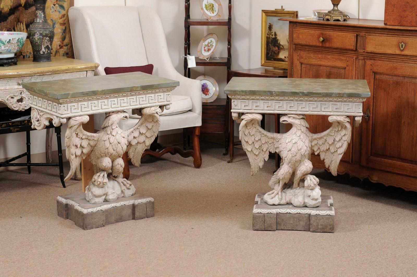 Pair of Wall-Mounted Eagle Consoles in Painted Finish with Faux Marbleized Tops For Sale 7