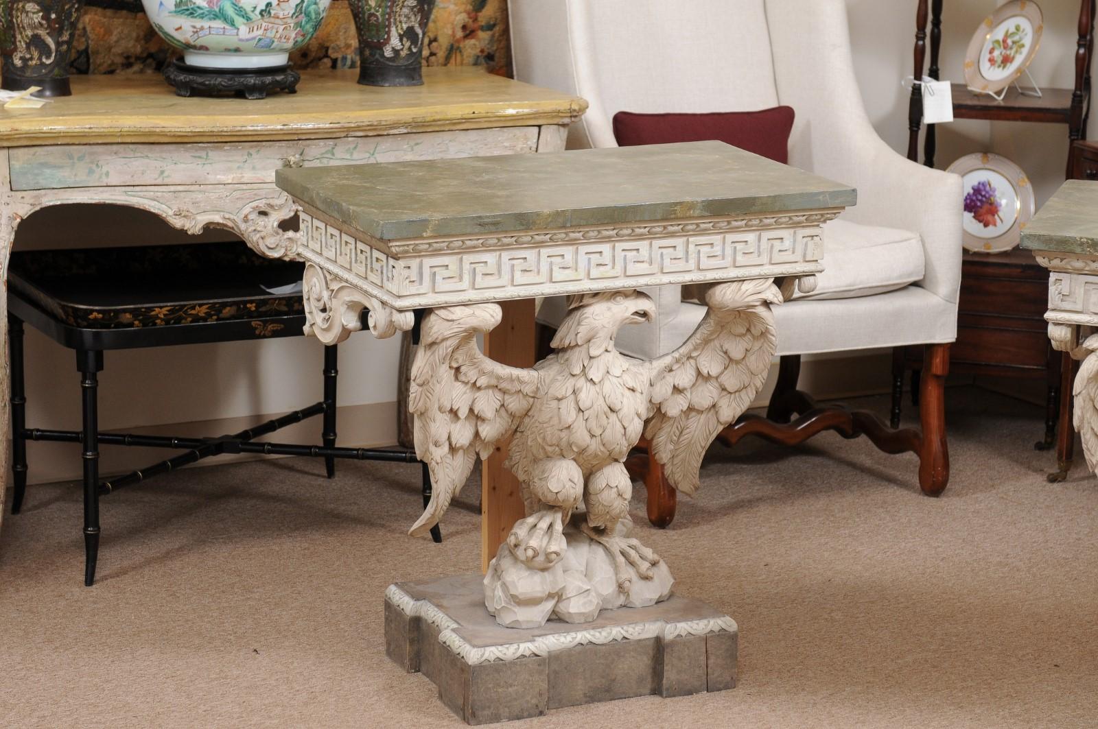 Pair of Wall-Mounted Eagle Consoles in Painted Finish with Faux Marbleized Tops For Sale 8