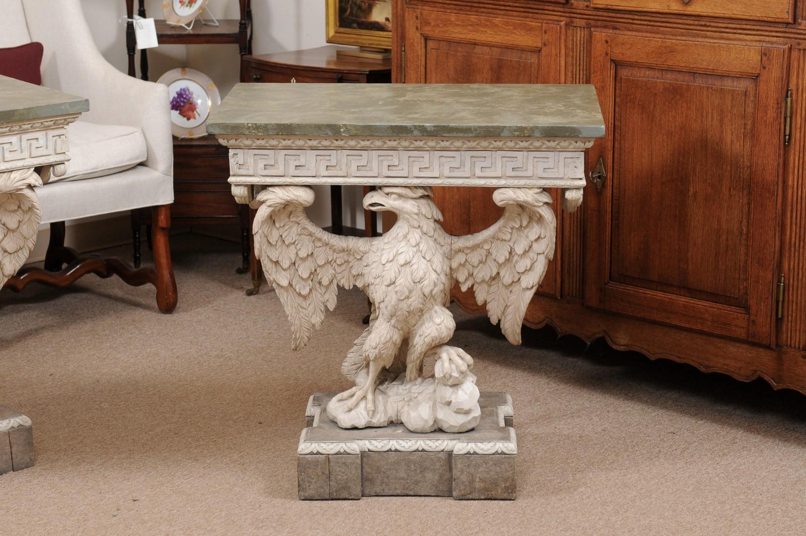 Pair of Wall-Mounted Eagle Consoles in Painted Finish with Faux Marbleized Tops For Sale 9
