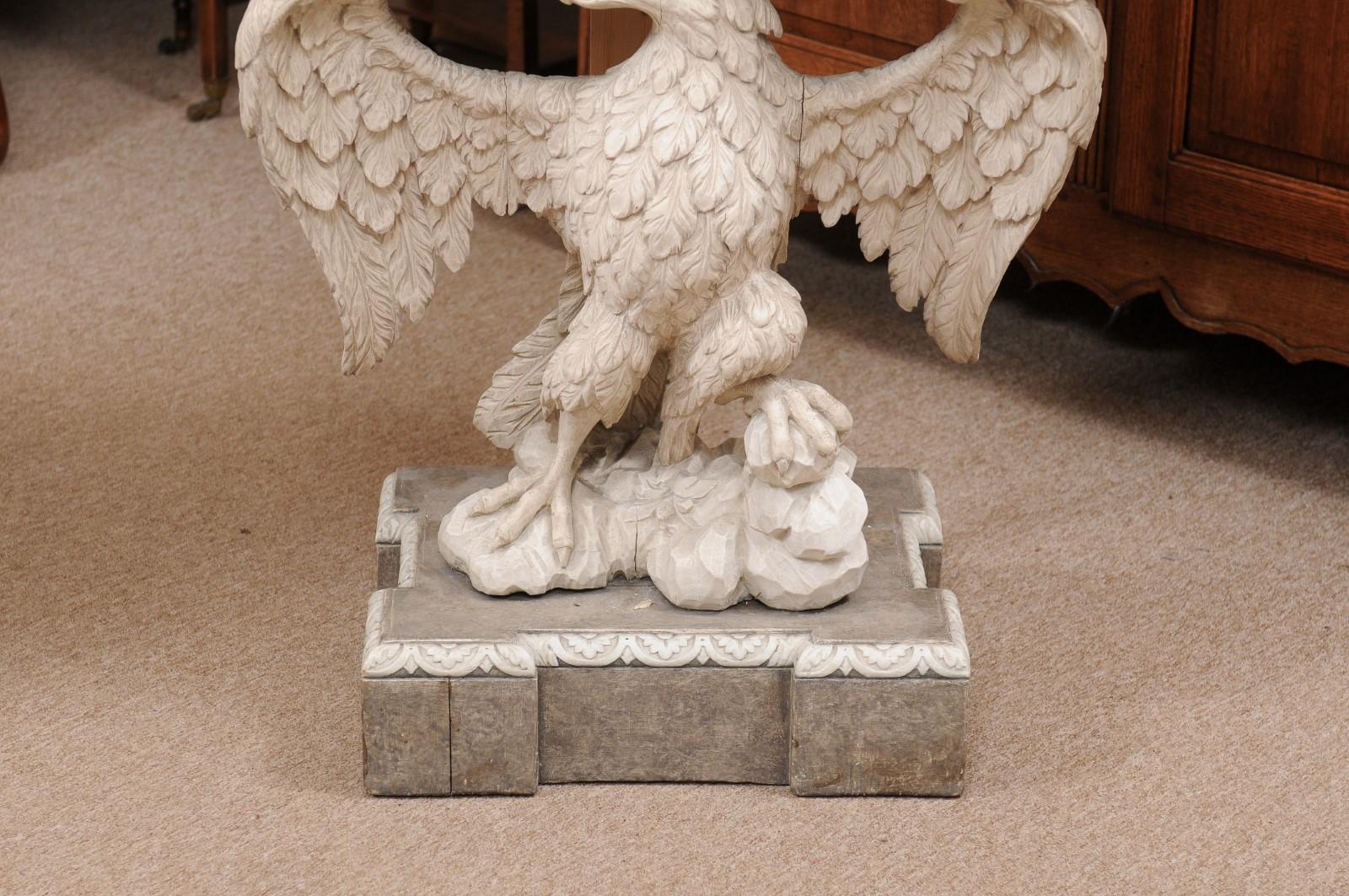 Pair of Wall-Mounted Eagle Consoles in Painted Finish with Faux Marbleized Tops, Greek Key Detail & Plinth Bases, 20th Century