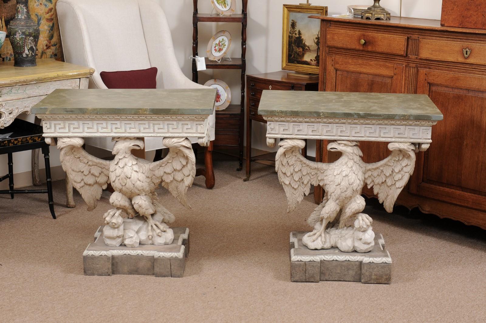 Wood Pair of Wall-Mounted Eagle Consoles in Painted Finish with Faux Marbleized Tops For Sale