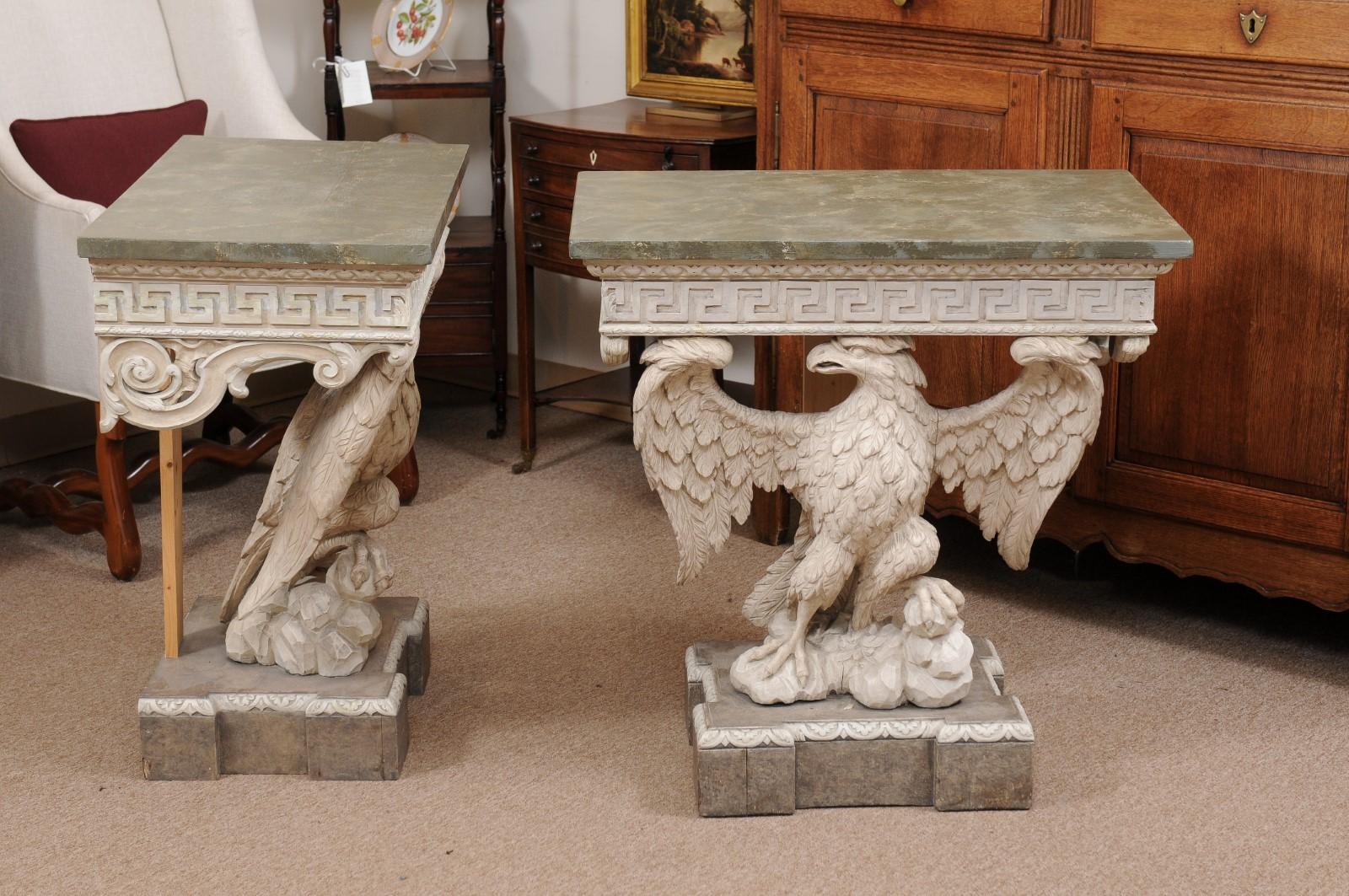 Pair of Wall-Mounted Eagle Consoles in Painted Finish with Faux Marbleized Tops For Sale 1