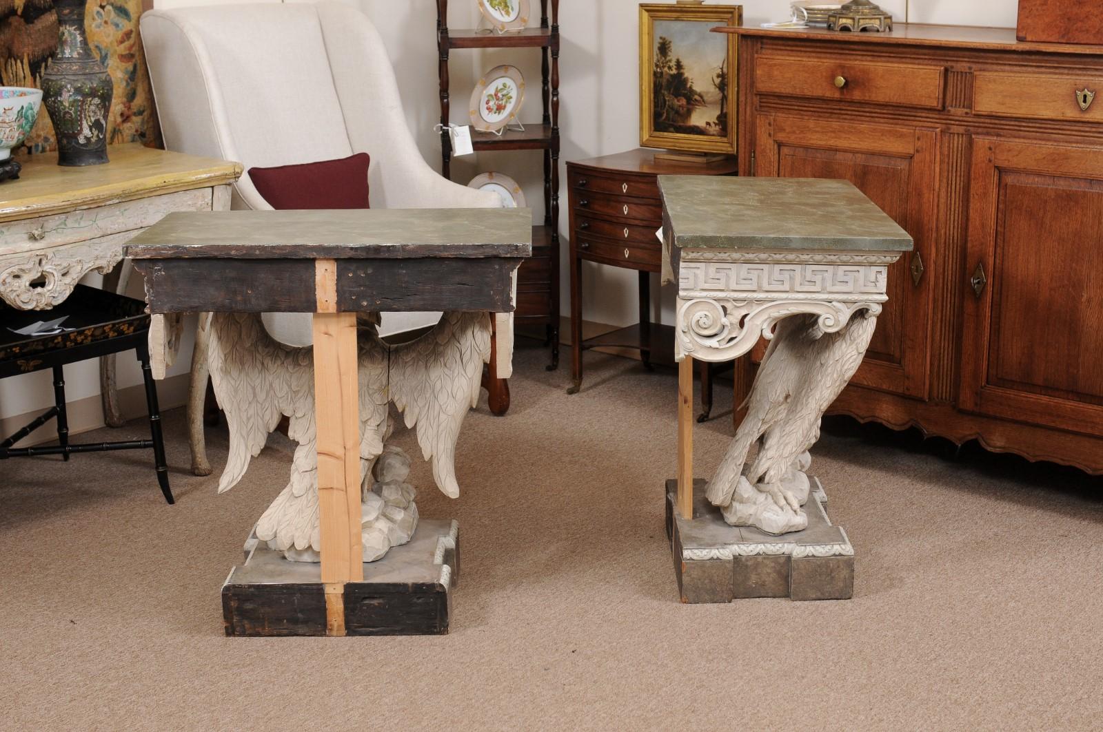 Pair of Wall-Mounted Eagle Consoles in Painted Finish with Faux Marbleized Tops For Sale 2