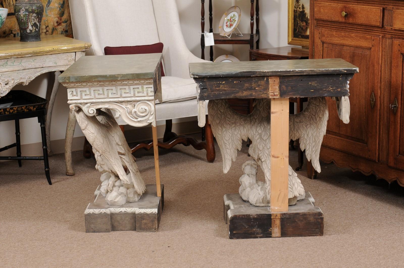 Pair of Wall-Mounted Eagle Consoles in Painted Finish with Faux Marbleized Tops For Sale 3