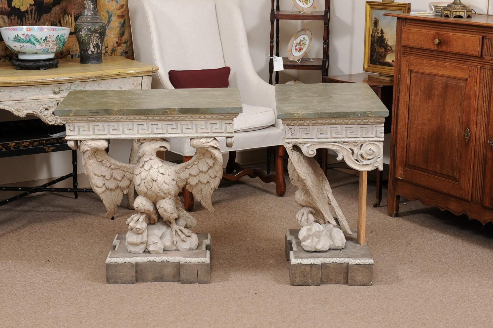 Pair of Wall-Mounted Eagle Consoles in Painted Finish with Faux Marbleized Tops For Sale 4