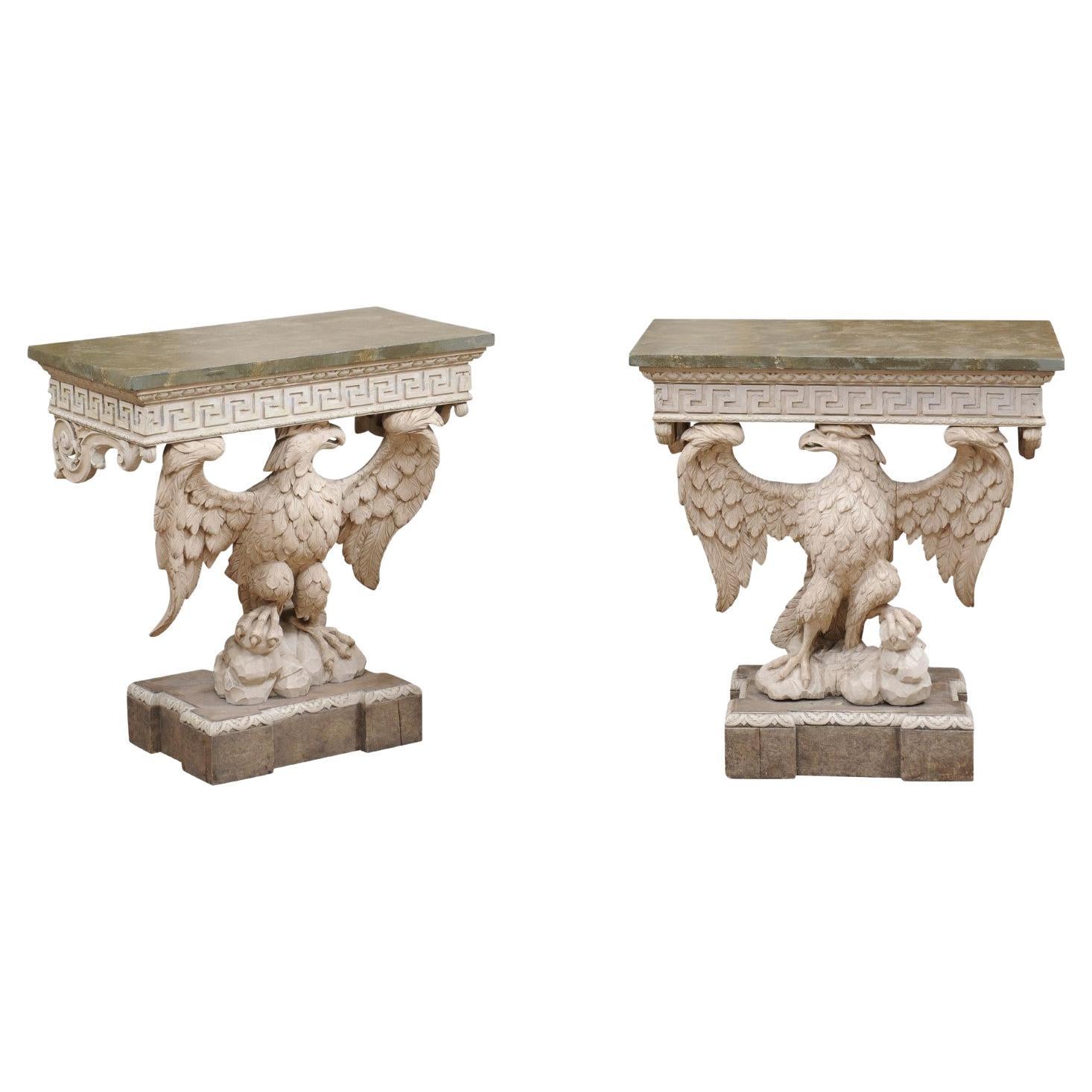 Pair of Wall-Mounted Eagle Consoles in Painted Finish with Faux Marbleized Tops For Sale