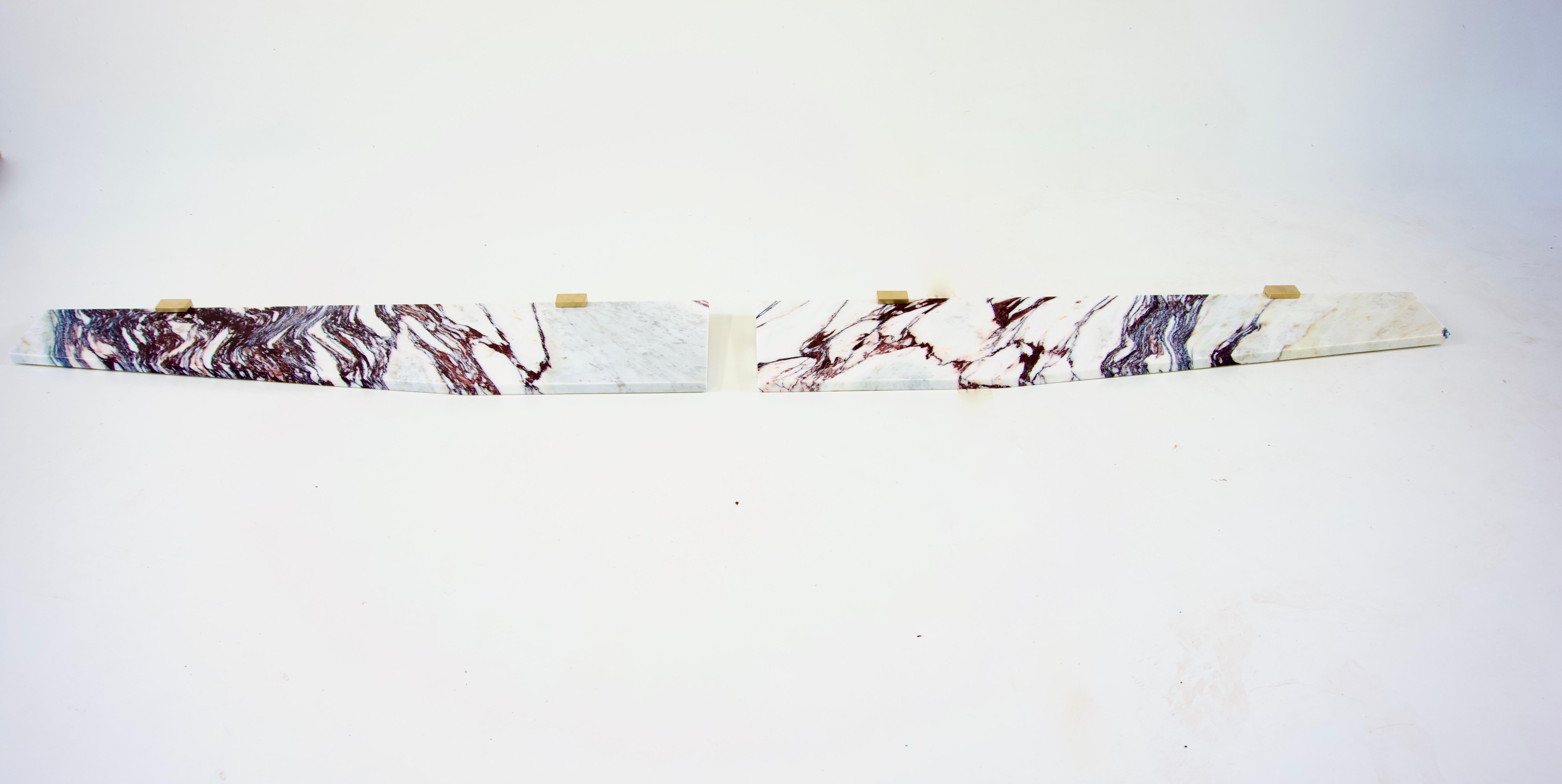 Post-Modern Pair of Wall Mounted Marble, Brass Console 