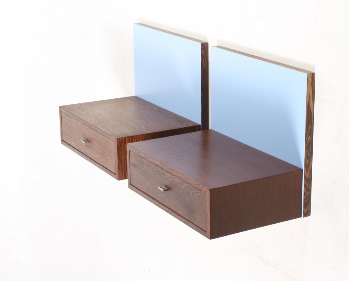 Scandinavian Modern Pair of Wall-Mounted Nightstands in Wenge, Light Blue Back Panels, Denmark 1960s