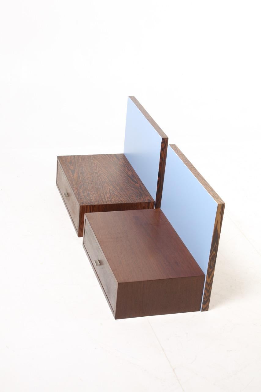 Pair of Wall-Mounted Nightstands in Wenge, Light Blue Back Panels, Denmark 1960s In Good Condition In Lejre, DK
