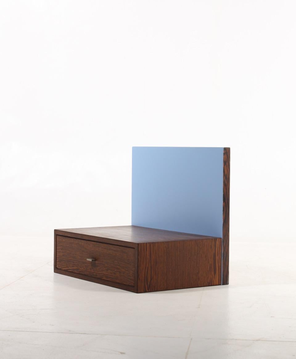Mid-20th Century Pair of Wall-Mounted Nightstands in Wenge, Light Blue Back Panels, Denmark 1960s