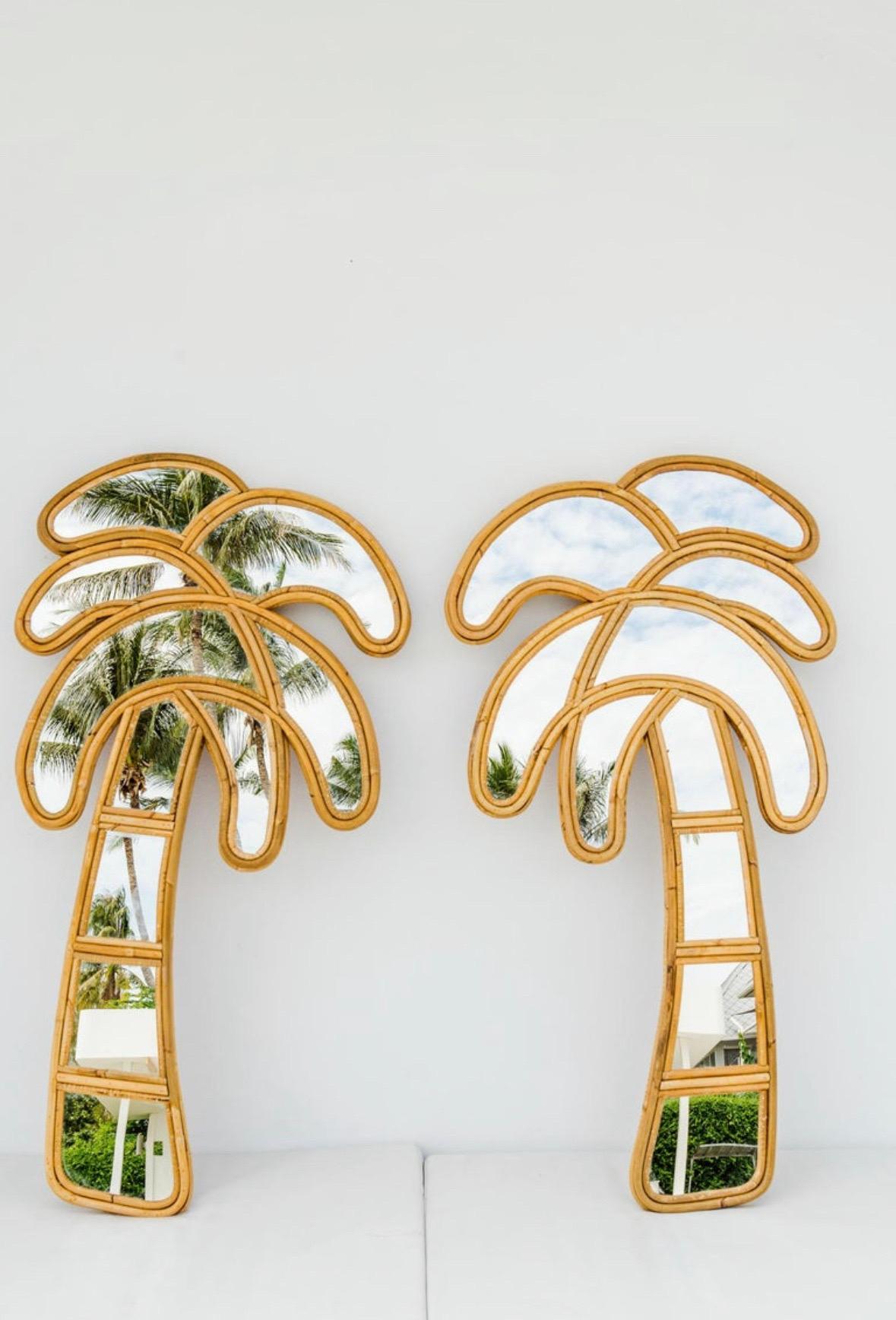 Pair of wall « palm tree » rattan mirrors  For Sale 3
