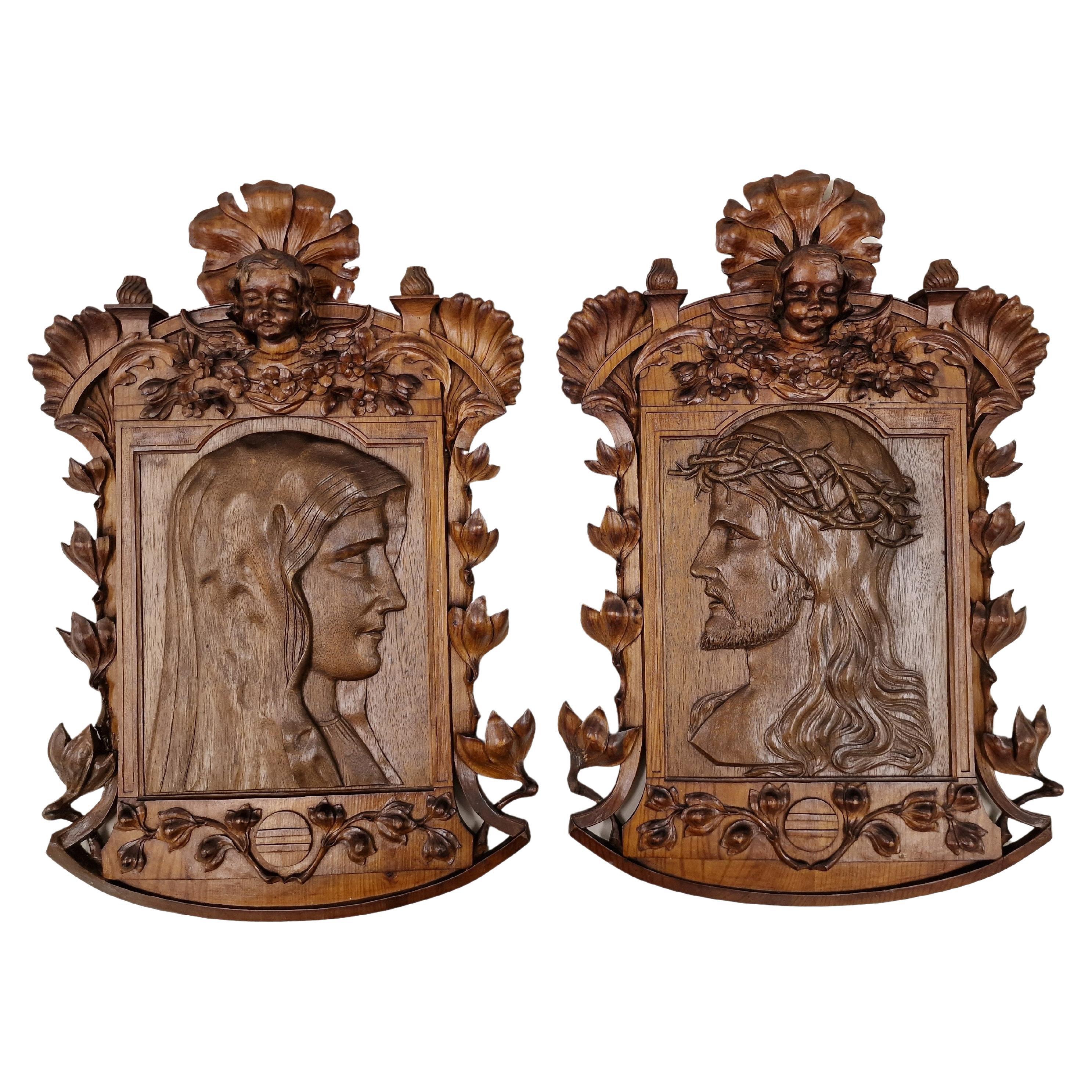 Pair of carved Wall Reliefs/Sculptures, Jesus Christ Mother Mary, ~1880, Austria