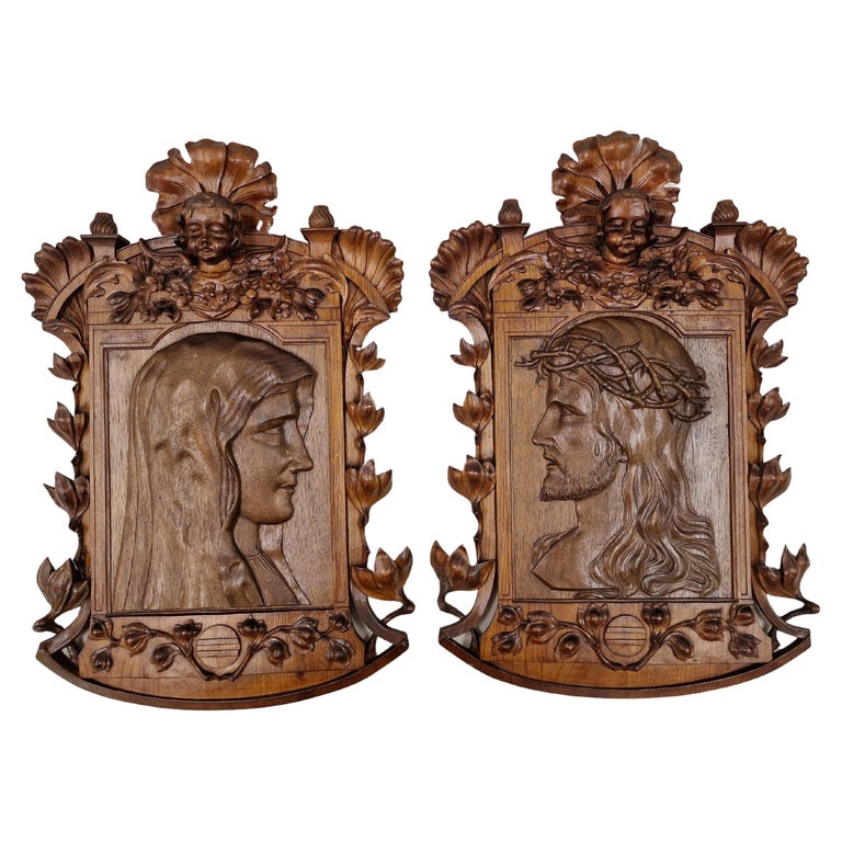 Pair of carved Wall Reliefs/Sculptures, Jesus Christ Mother Mary, 1880