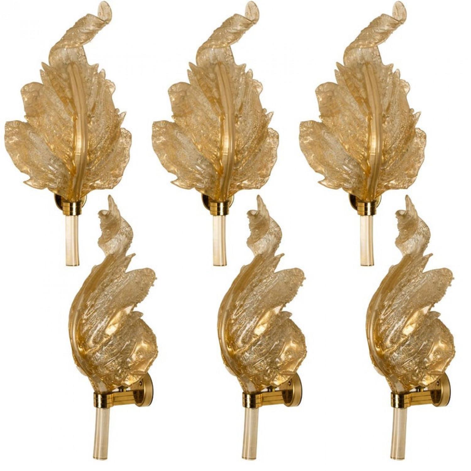 Pair of Wall Sconces Barovier & Toso Gold Glass Murano, Italy For Sale 2