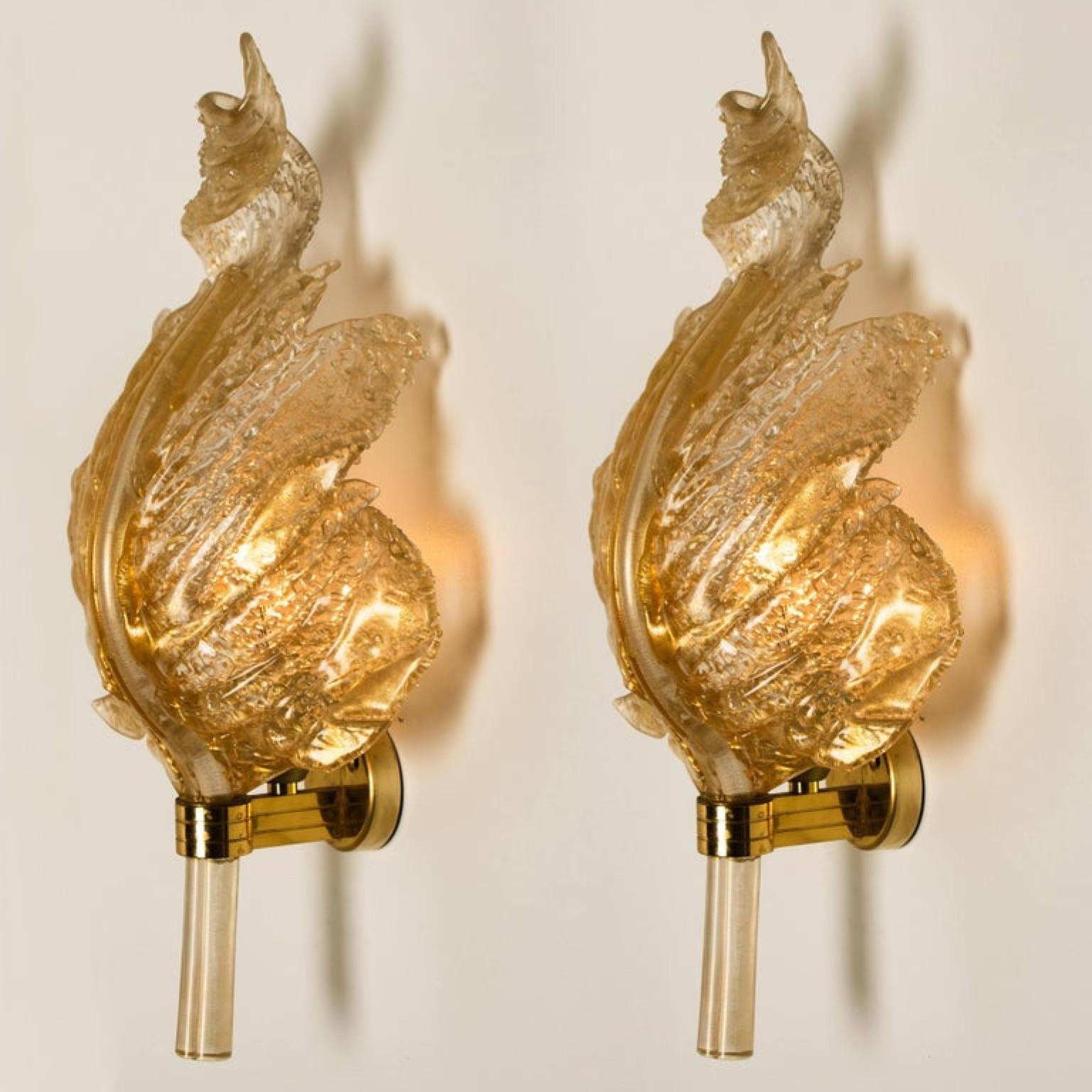 Italian Pair of Wall Sconces Barovier & Toso Gold Glass Murano, Italy
