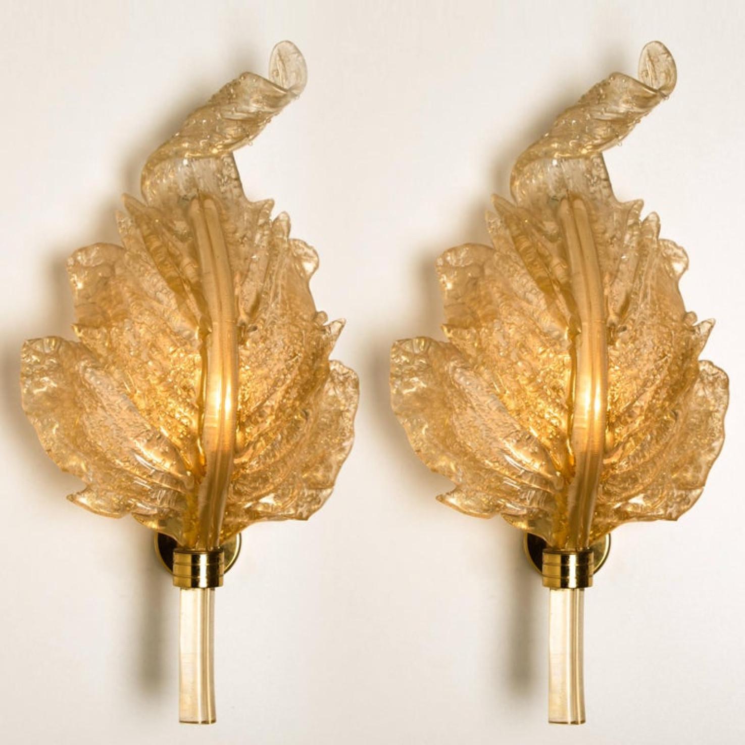 20th Century Pair of Wall Sconces Barovier & Toso Gold Glass Murano, Italy