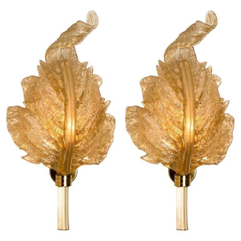 Pair of Wall Sconces Barovier & Toso Gold Glass Murano, Italy