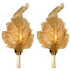 Vintage Pair of Wall Sconces Barovier & Toso Gold Glass Murano, Italy