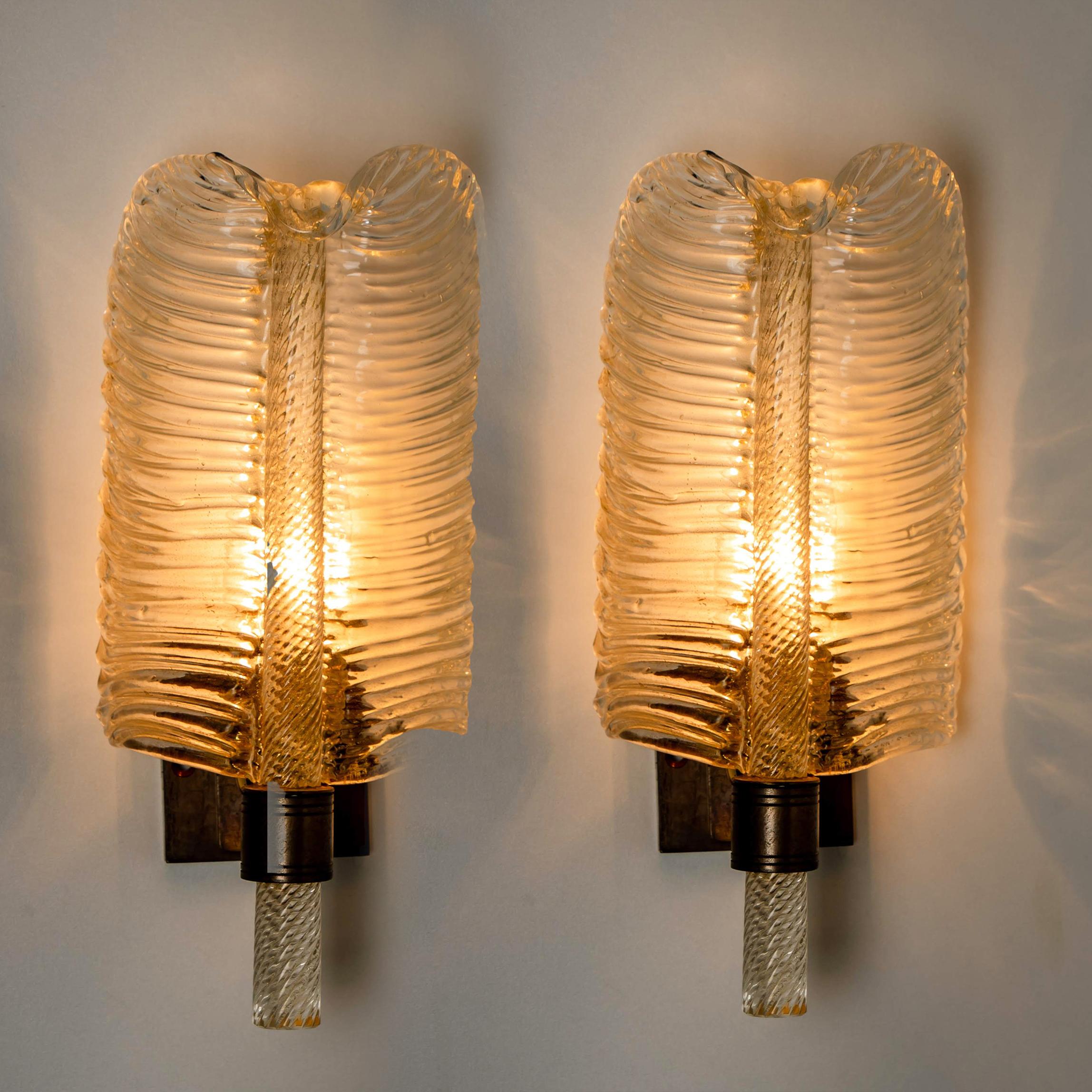 Pair of Wall Sconces Barovier & Toso Gold Toned Glass Murano, Italy, 1960 1